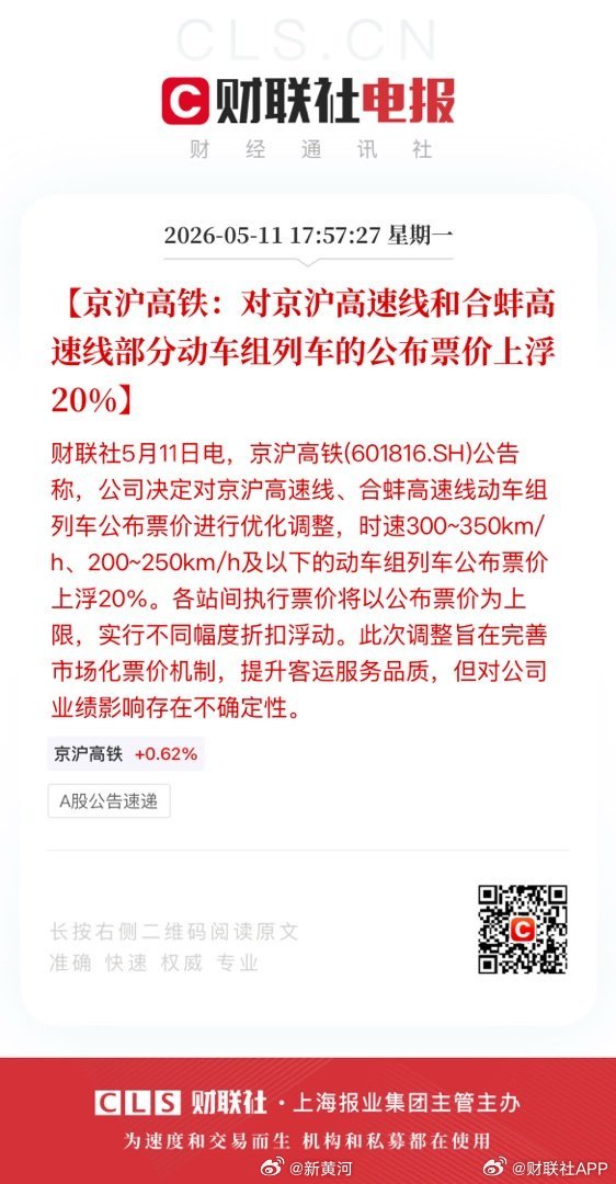 #京沪高铁部分动车组列车涨价20%#【京沪高铁：对京沪高速线和合蚌高速线部分动车