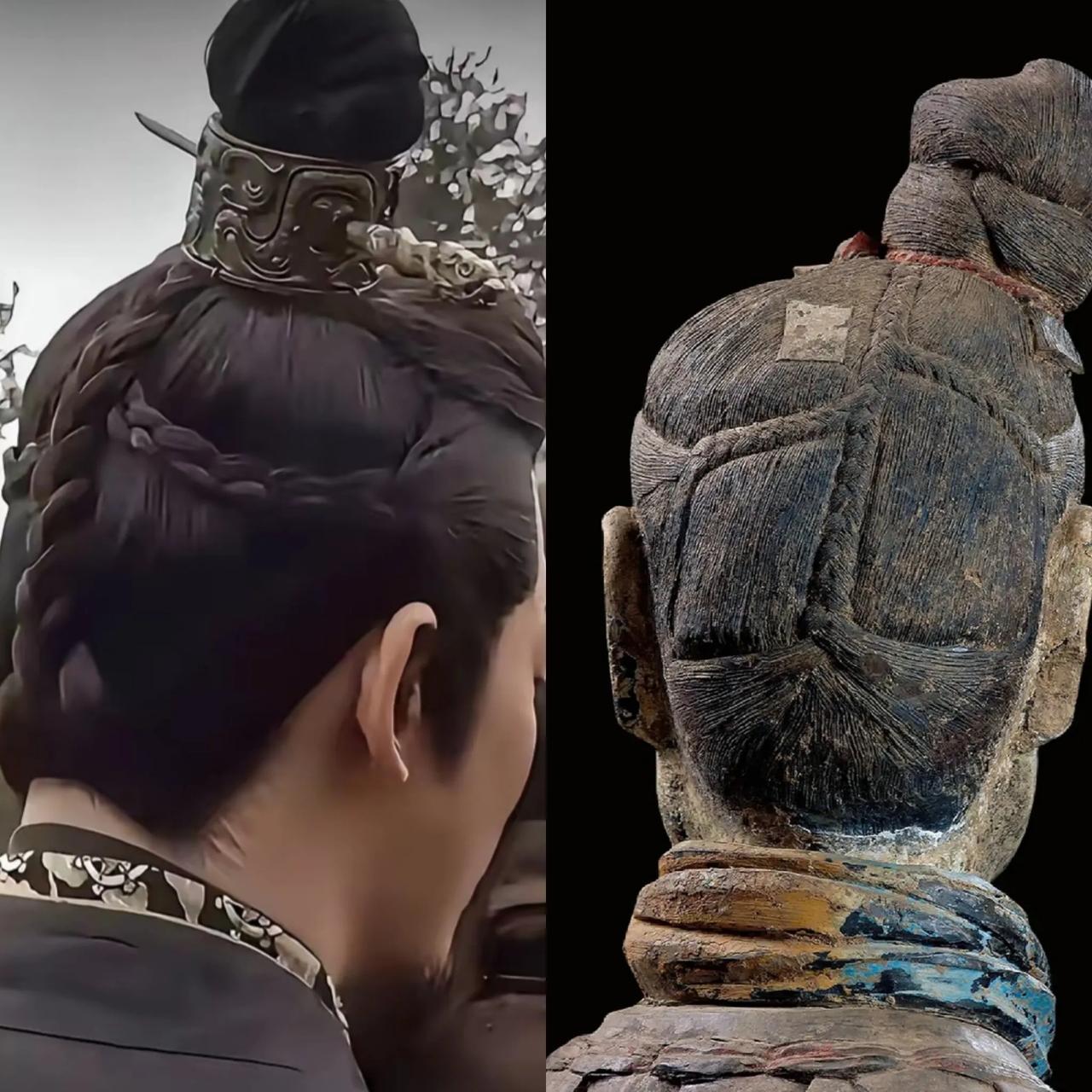 看了陈晓演的秦始皇。
我发现，秦朝兵马俑发型都是这种有点歪的发型。
又查了一下，