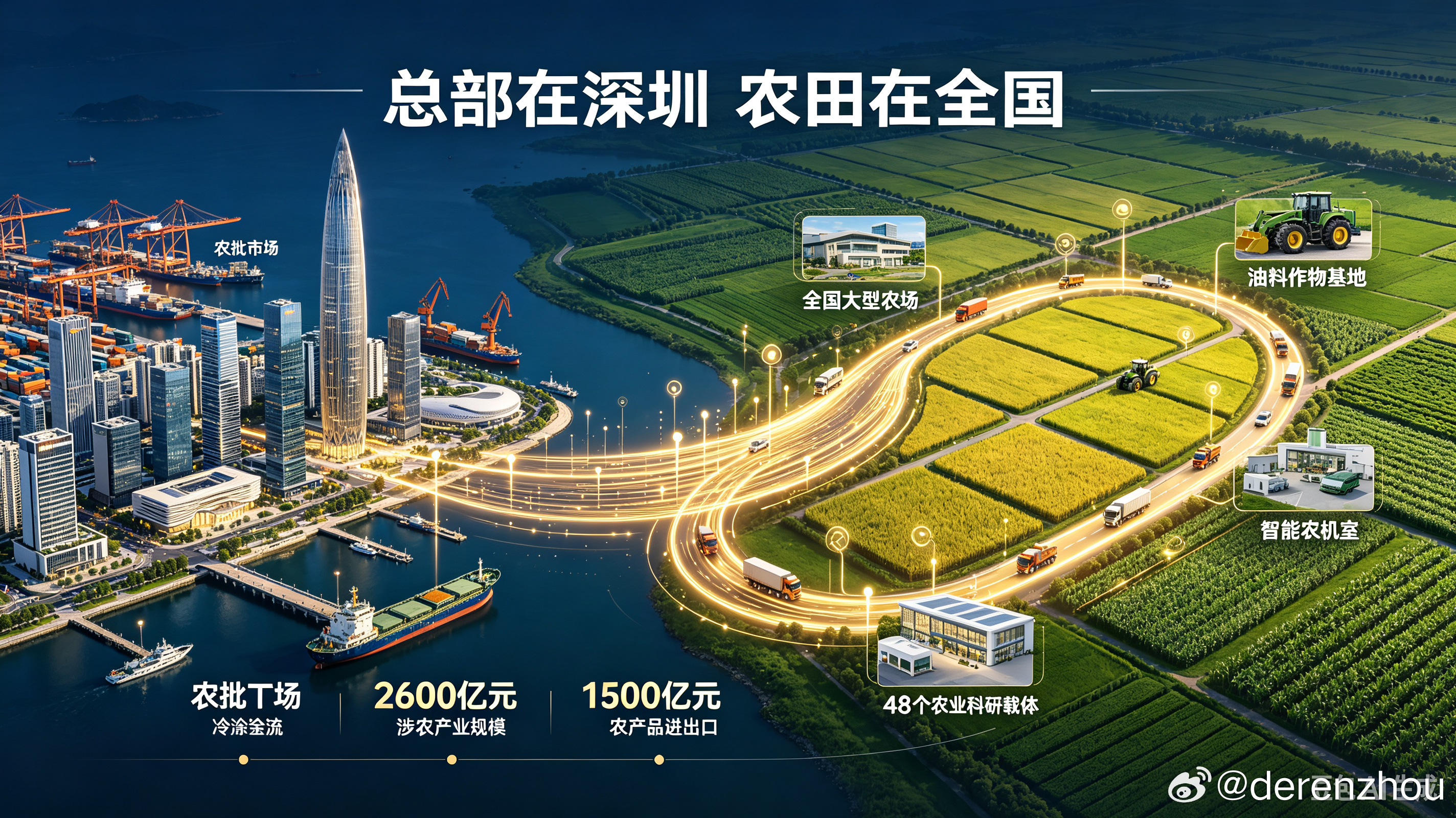 传统农业的升维突破

深圳作为国内唯一“无农村城市”，以7.56万亩的稀缺耕地，2024年农业龙头企业营收突破2600亿元，远超不少农业大省省会的农业规模。
它跳出传统种地逻辑，走“总部在深圳，农田在全国”的路径：全市30万户涉农主体、226家农业龙头企业，在全国布局69个“深圳农场”，把生产基地撒向 ​