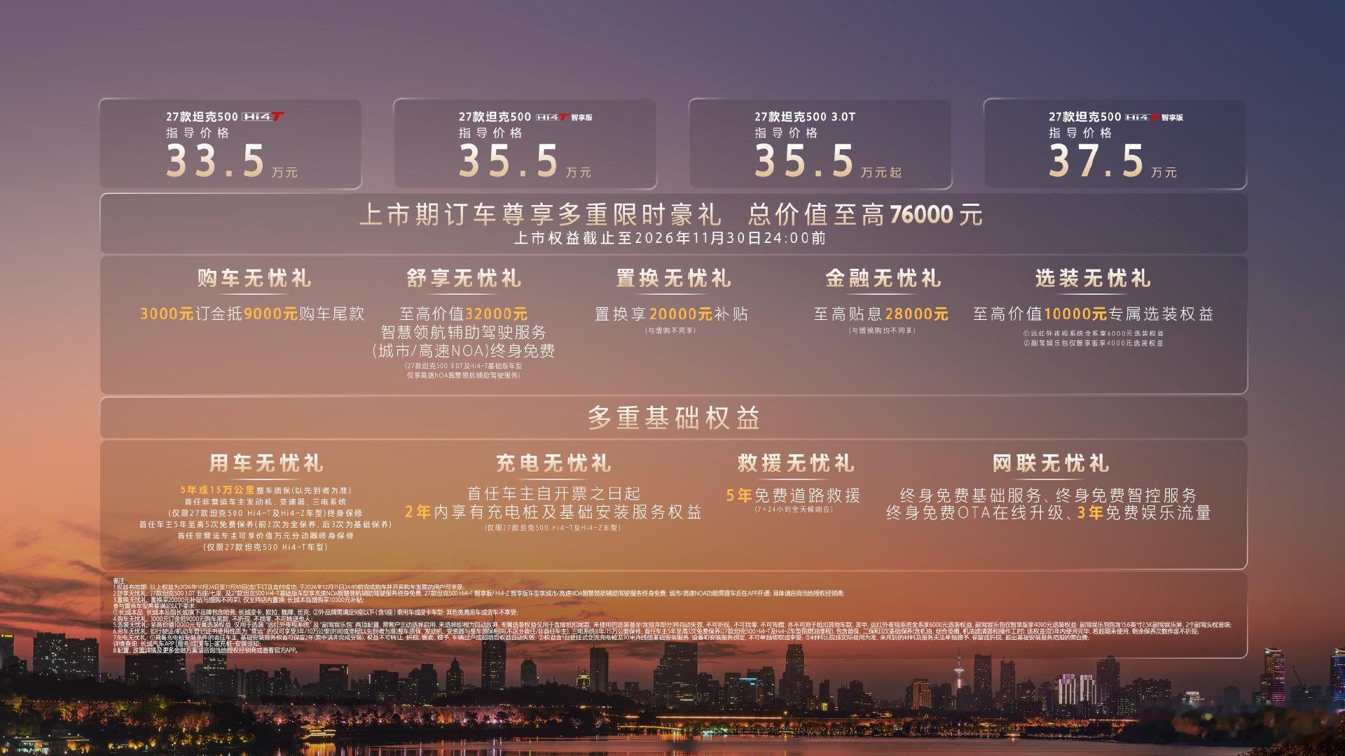 评论区，聊聊你对坦克的看法~
评论里揪个宝贝送🎁【分享大礼包】

2027款坦克500
4款配置，售价33.5-37.5万
新增丹霞红车色与黑灰内饰
智驾：硬件升级＋VLA智驾大模型
车内：双联屏、头枕音响、前排腿托
动力：3.0TV6、Hi4-T、Hi4-Z可选
这样的升级，大家满意吗？ ​​​​ ​