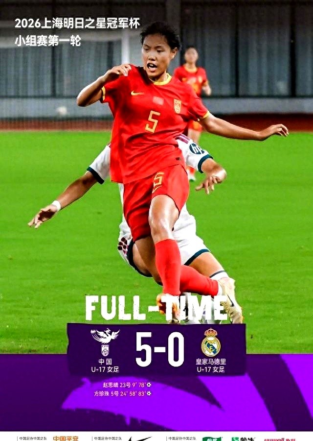 5比0。中国U17女足把皇马女足U17踢赢了。

有人以为皇马派的是观光团，这回真看走眼了。对面来的根本不是普通梯队。

人家带的是U19核心班底。除了已经升入B队的，这套08一代顶配主力全来了。

上赛季这支队伍拿过27胜1平2负。

面对比自己大一圈的“高年级”对手，中国姑娘们没怯场。硬生生用脚