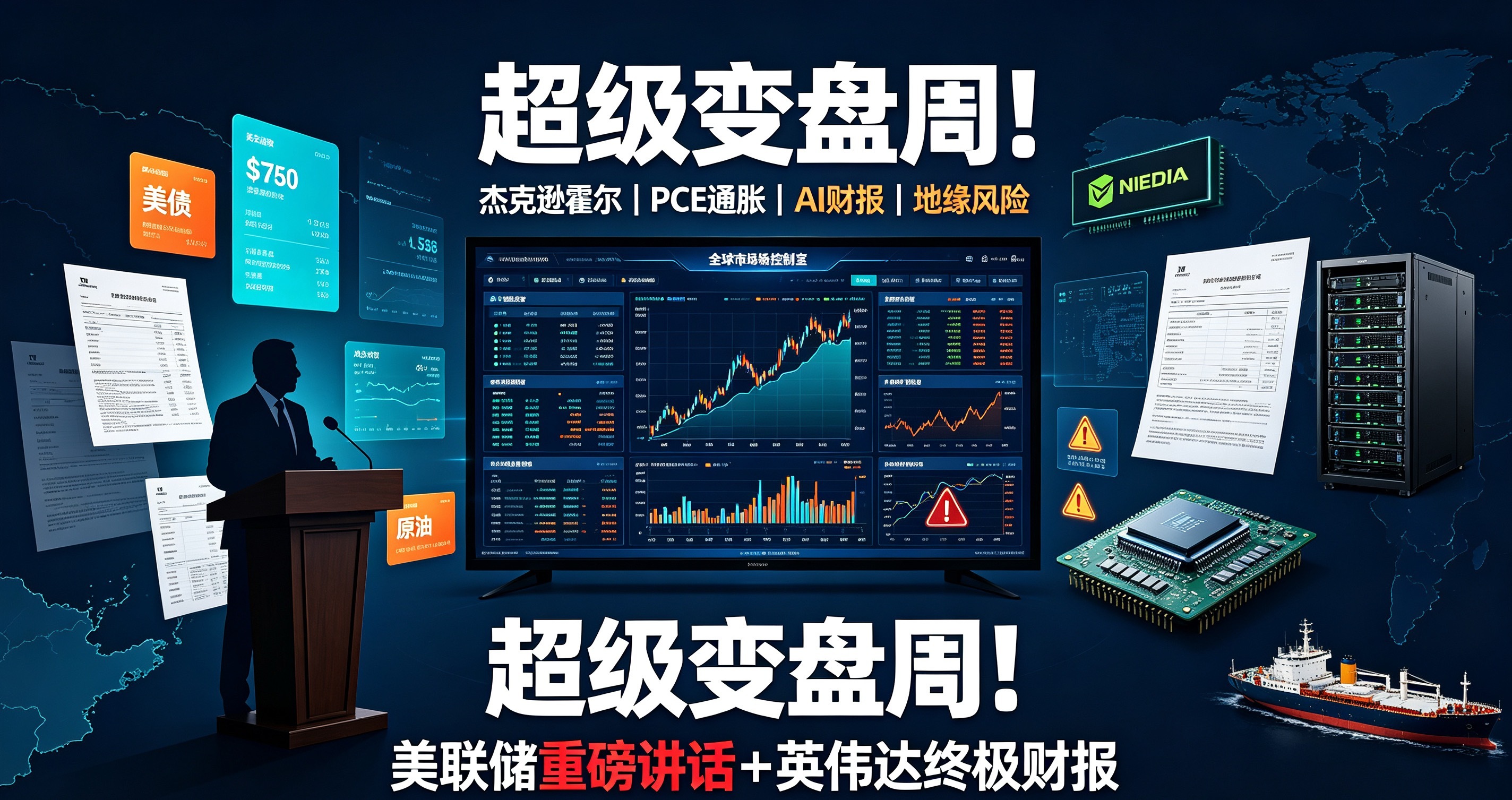 超级变盘周！美联储重磅讲话+英伟达终极财报，全球市场迎大考

本周堪称全球金融市场的关键决胜周，美联储央行年会、美国核心通胀数据、英伟达AI财报三大超级重磅事件集中落地，将直接决定美债、美股、AI科技和A股后续走势。

核心重头戏首先看杰克逊霍尔全球央行年会。美联储主席沃什将于本周五晚间发 ​