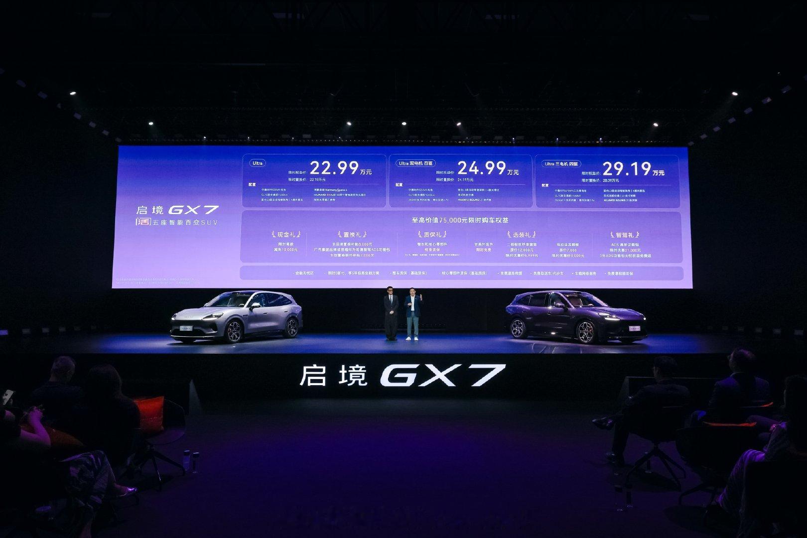 启境品牌第二款车型 GX7 正式上市，售价为 22.99-29.19 万，全系车型搭载增程系统，综合续航可达 1500km，标配最新版本的华为乾崑智驾和鸿蒙座舱 ​