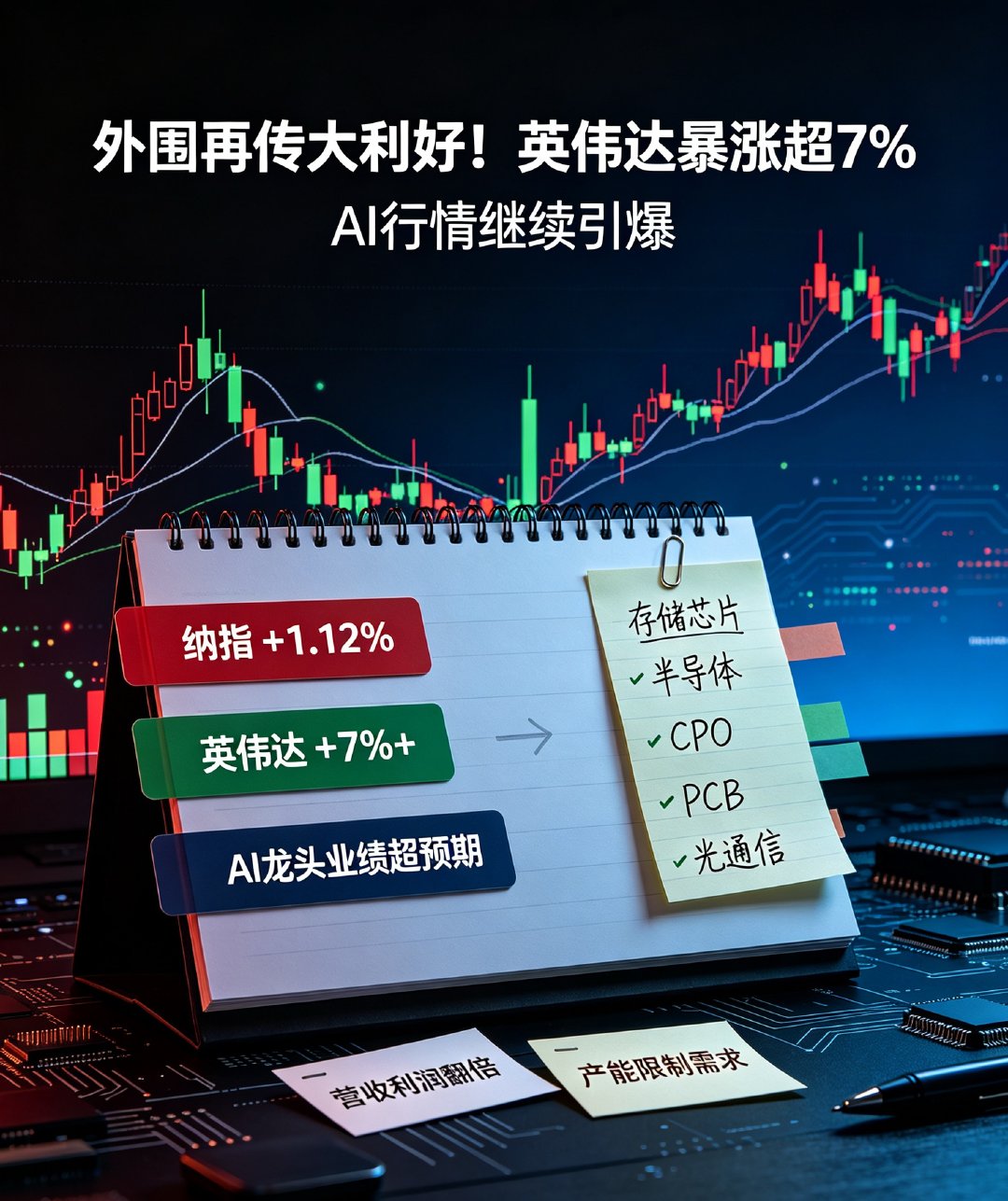 外围再传大利好！英伟达暴涨超7%，AI行情继续引爆

8月27日晚间美股走势分化，纳指领涨全场，道指、标普小幅收红。核心亮点完全聚焦科技赛道，AI总龙头英伟达大涨超7%，再度点燃全球AI产业链做多情绪。

昨晚英伟达公布炸裂财报，营收、净利润双双翻倍，同时大胆上调明年业绩预期，预计2028财年营收增 ​
