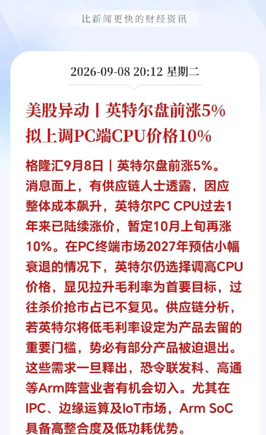 晚间突发大利好！
美股盘前英特尔直接拉升5%，供应链爆出重磅消息，计划10月上旬把PC端CPU再上调10%。

英特尔这次主动放弃的中低端市场，留出巨大缺口。联发科、高通这类Arm阵营厂商，在IPC、边缘计算、物联网领域，凭借低功耗、即便PC市场预期走弱，也优先保毛利率，放弃低价抢市场份额。
 
落到A股 ​