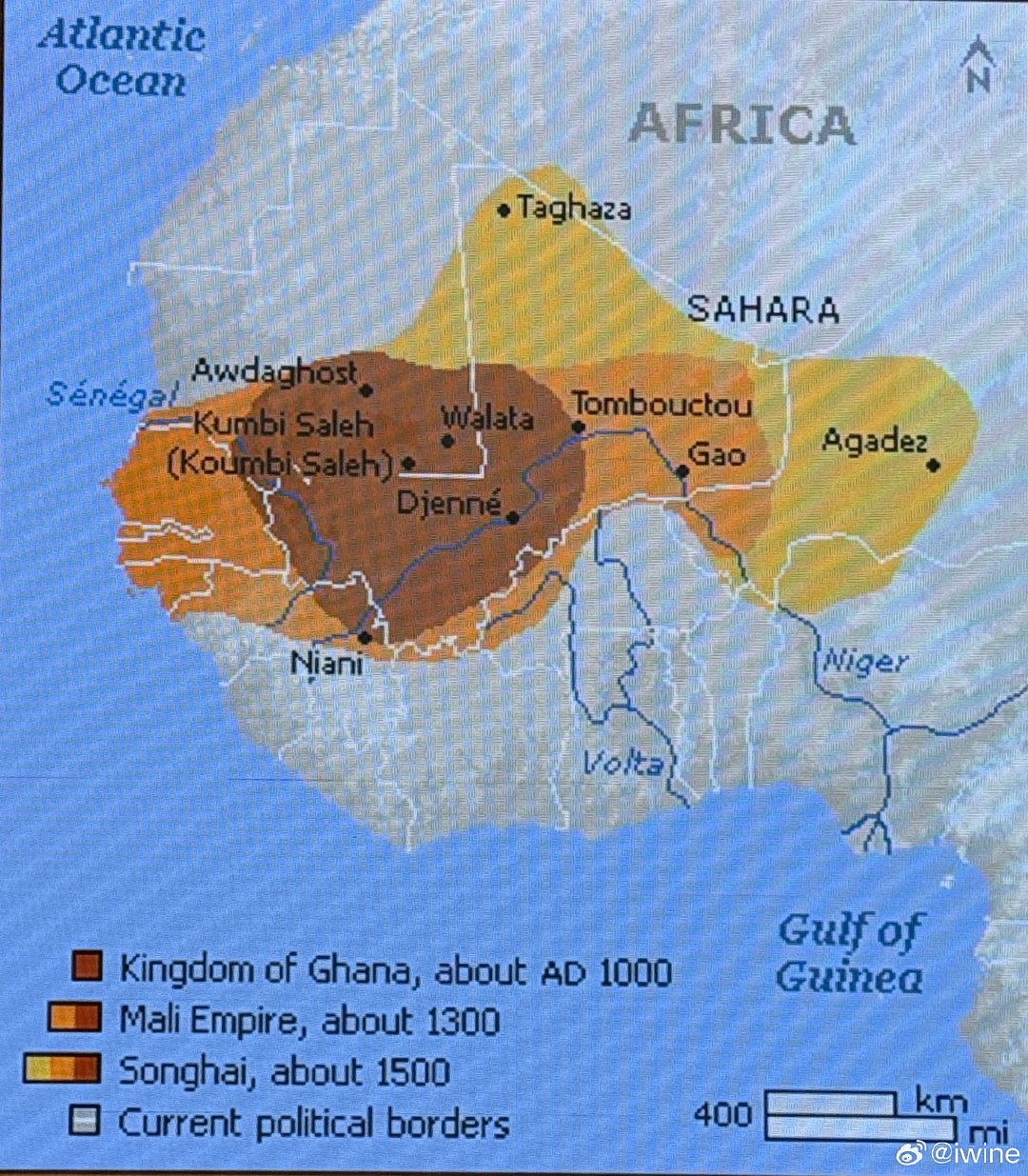 26/9/23，航海日讲座West African Kingdoms。在欧洲人从海上到来以前，西非最富庶、政治力量最集中的轴线长期在更北面的 Sahel半干旱草原 - 尼日尔河流域(2)，在“沙漠世界”和“黑非洲农业世界”的交界线上。这里控制了“北方的盐”和“南方的黄金”之间的通道。三个最重要的帝国Ghana→Mali→Songhai ​