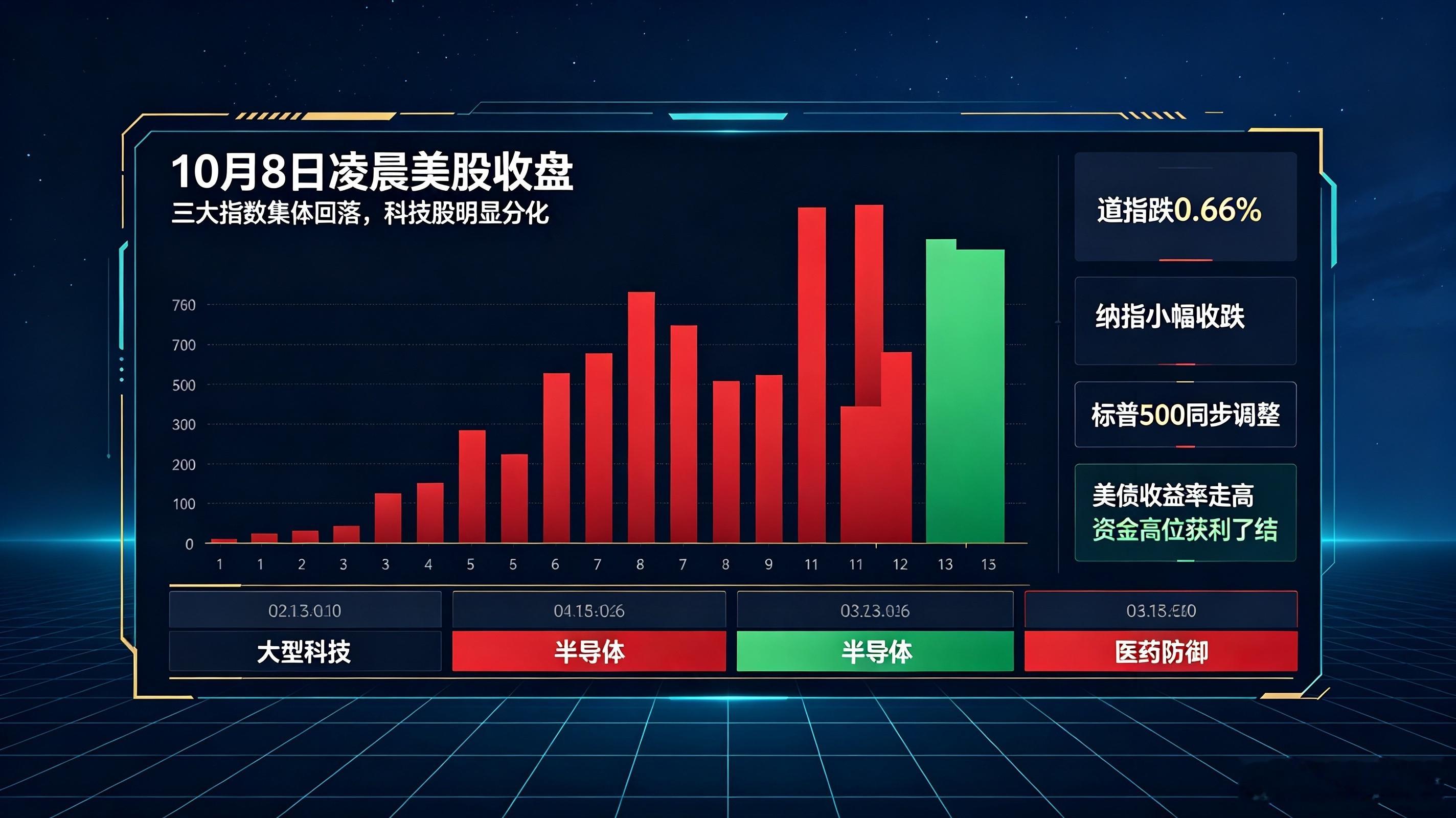 隔夜美股全线回落，三大指数集体收跌，道指跌 0.66%，纳指、标普 500 同步小幅收跌，前期连续上行的行情迎来调整。美债收益率再度走高，是压制市场风险偏好的主要原因。

盘面明显分化，大型科技股涨跌互现，亚马逊、苹果逆势收红，而 Meta 等标的跌幅靠前。半导体板块内部分化严重，美光逆势大涨，但 ​