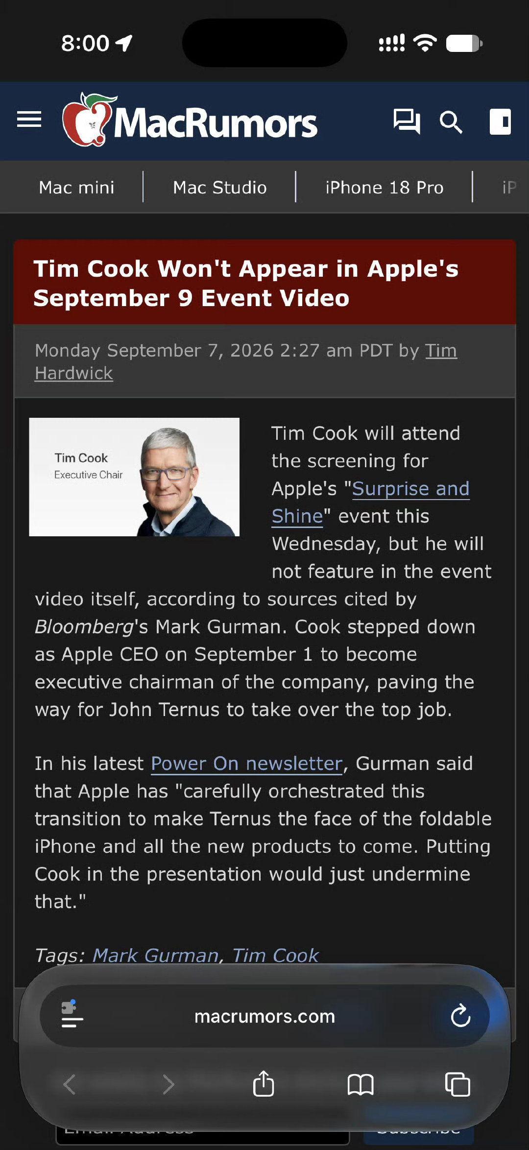 #iPhone18Pro发布会倒计时#Tim Cook 还会来，但苹果发布会已经不再属于 Tim Cook 了。

据 Mark Gurman 最新消息，库克将出席北京时间 9 月 10 日凌晨举行的苹果秋季新品发布活动现场放映会，但不会出现在今年的新品发布视频中。 ​