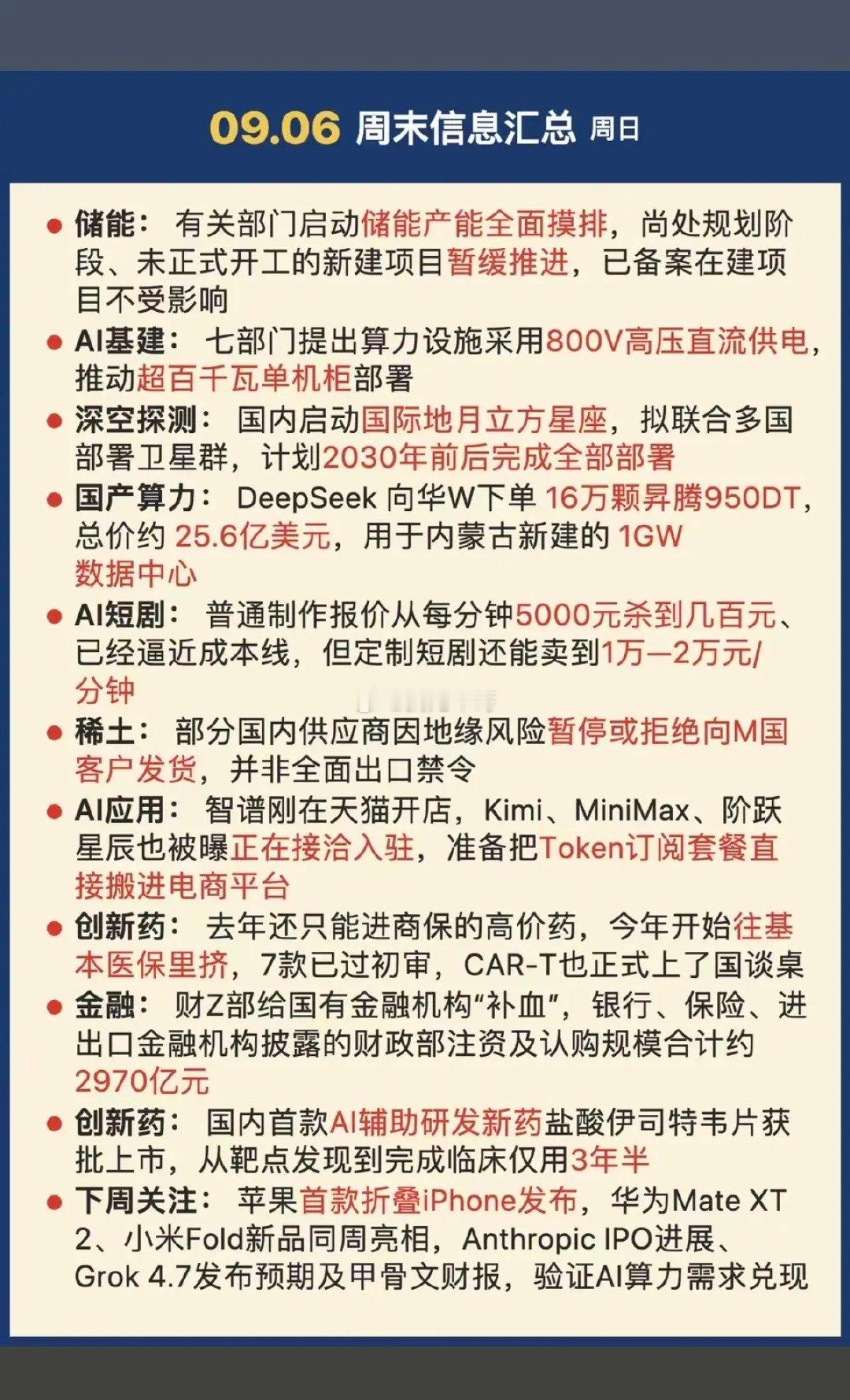 9.06周日  周末市场热议+财经要闻！

1.国产算力
2.大金融
3.创新药
4.苹果，折叠屏
5.智能体，AI应用 ​