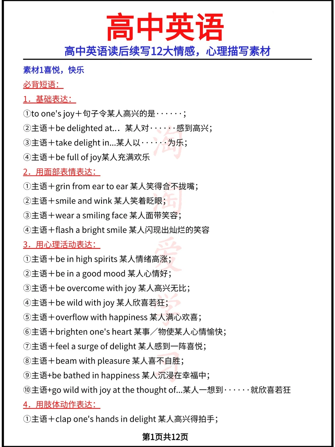 高中英语读后续写12大情感，心理描写素材