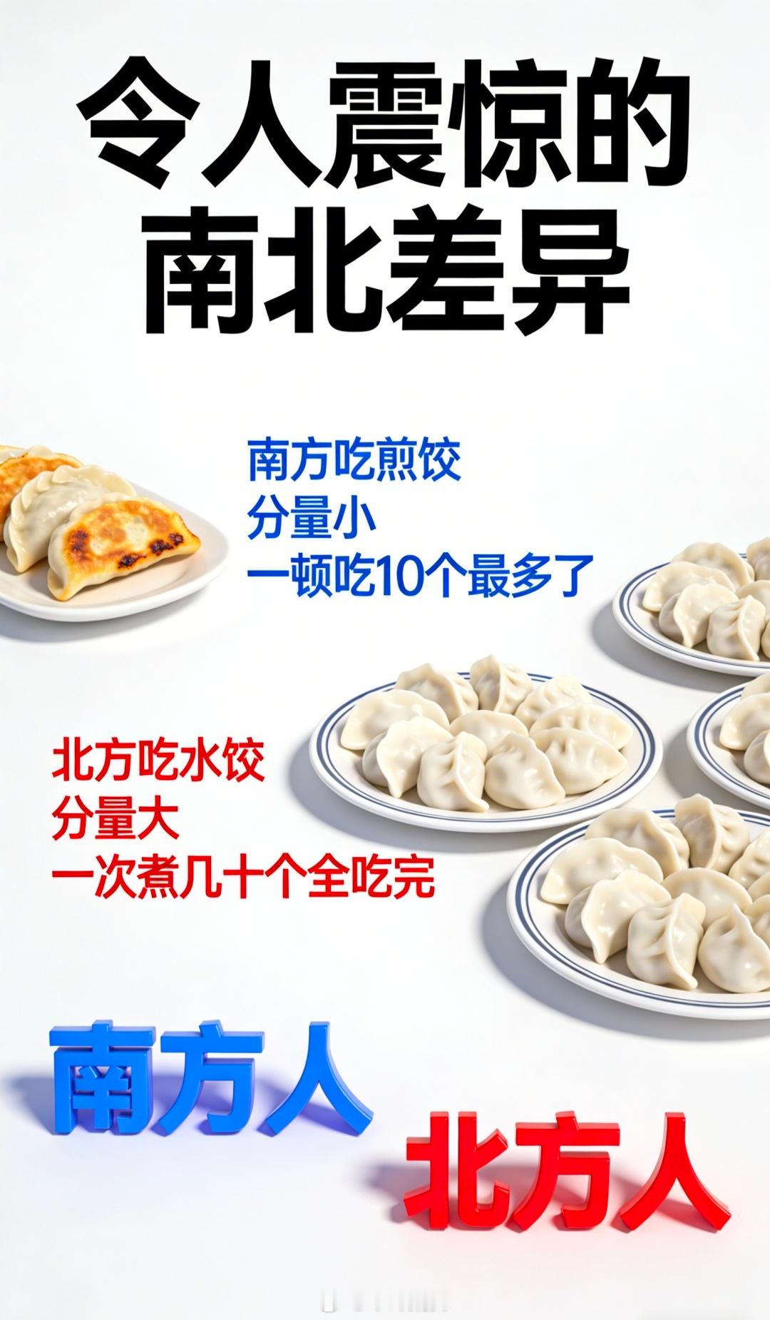 北方人吃饺子分量大的原因找到了作为很喜欢很喜欢吃水饺的南方人，在北方吃水饺看到上的分量，还是震惊了。后来知道，北方说的一斤指干面粉，包出来五六十个，不是饺子总重一斤，在北方饺子是正餐主食，菜饭合一，冬天热乎顶饱，家里一包几盖帘，馆子也讲究盘大量足。南方更多当点心按个卖，北方按“管饱”来，观感差别大。其实不是北方人天生胃大，是饺子的定位和计量方式自带大份滤镜木晔叙事