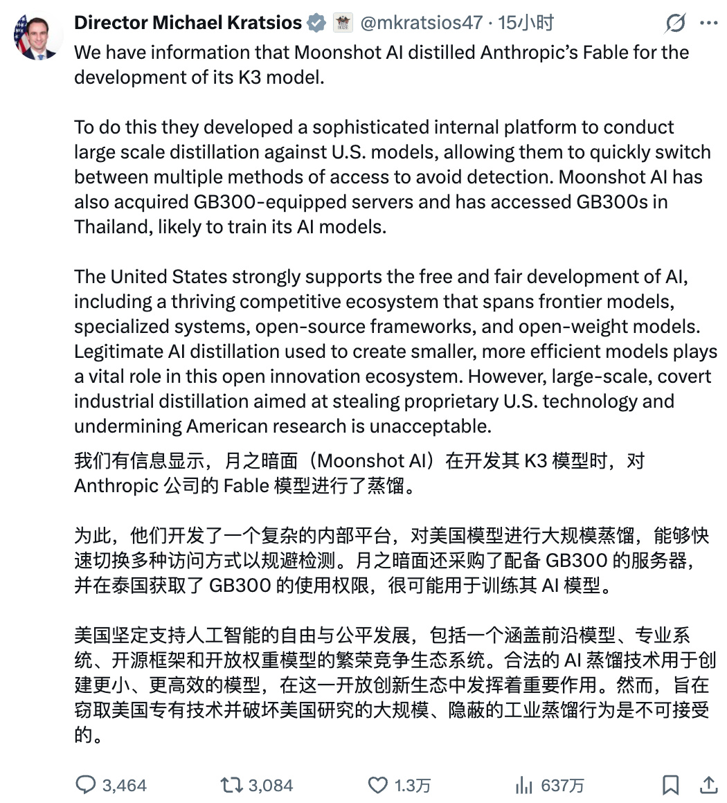 白宫科技顾问指控kimi k3蒸馏Anthropic Fable，扫了...