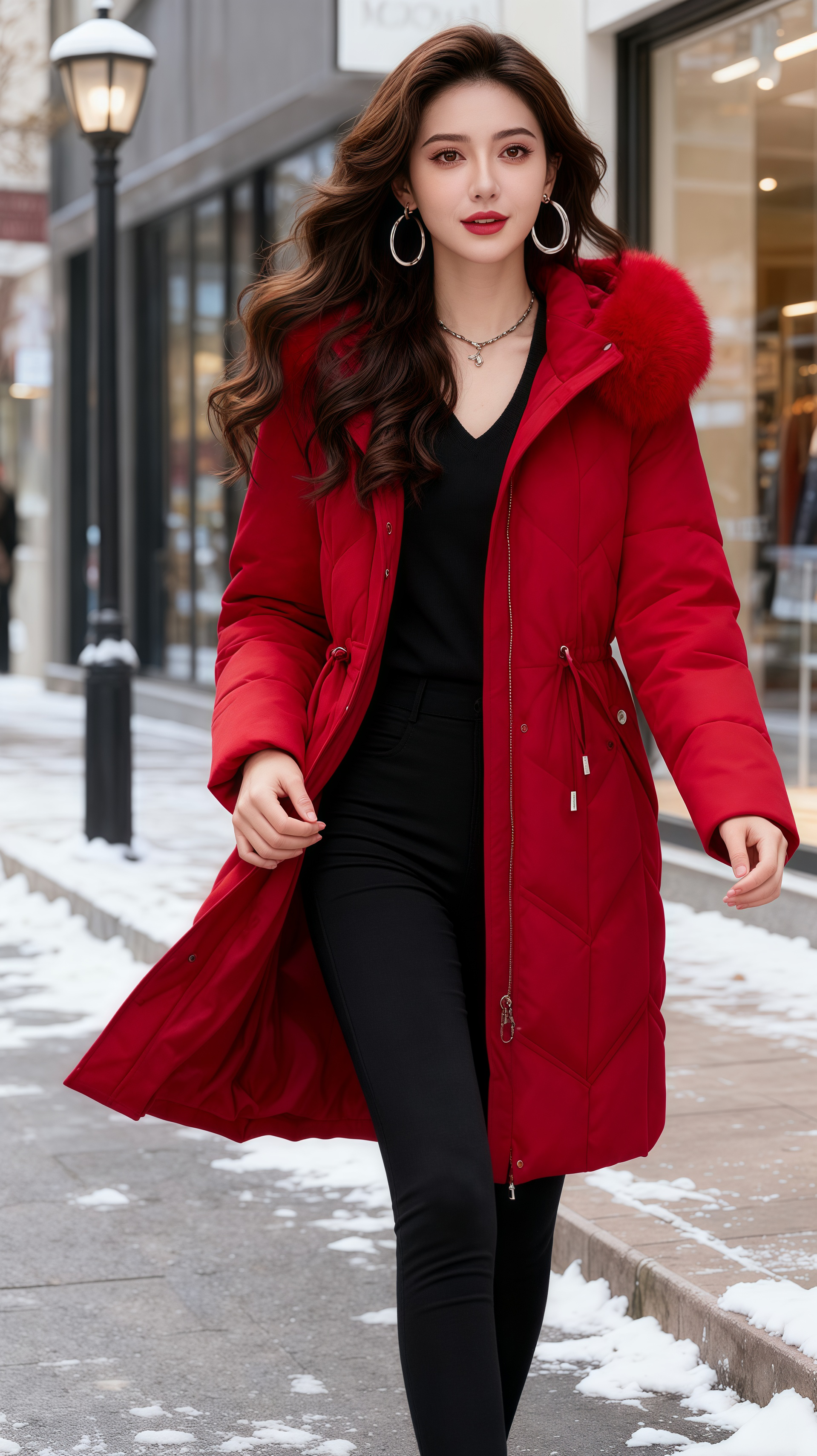 谁懂啊！这件正红色收腰棉服直接戳中我心巴🔥 大毛领+菱格纹+抽绳收腰...