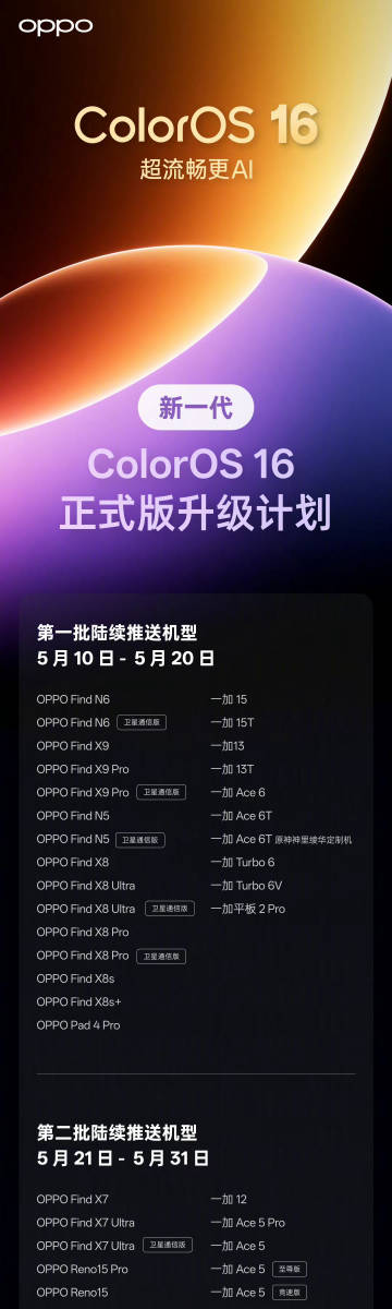 新一代ColorOS16<br />5月开始陆续更新