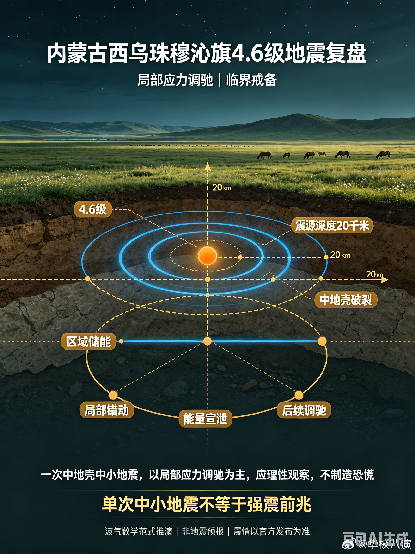 华极八演波气数学复盘｜内蒙古锡林郭勒盟西乌珠穆沁旗4.6级地震
 
震情来源：中国地震台网正式测定，09‑09 18:12，内蒙古锡林郭勒盟西乌珠穆沁旗，北纬45.16°，东经118.39°，M4.6，震源深度20km 。
范式声明：本文为波气循象数学学术推演，不属于法定地震预报；实际震情以中国地震台网、内蒙古地震局 ​