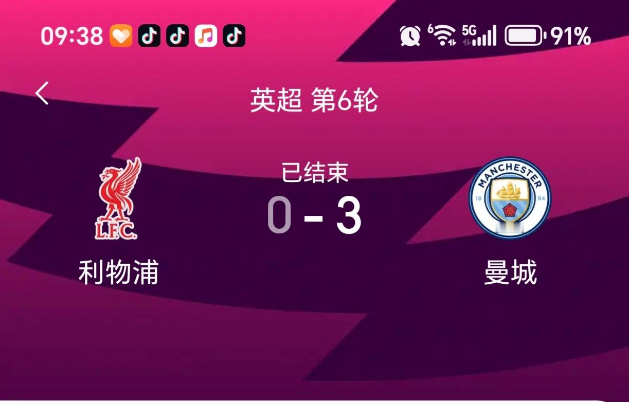 曼城6连胜，还有什么能阻挡曼城？
英超第6轮，利物浦0：3曼城惨败，曼城6连胜，霸占榜首。
本赛季，曼城和阿森纳依然是英超夺冠大热门。
曼城领先阿森纳3分，净胜球多6个。
切尔西少曼城8分，曼联，利物浦也已败给曼城，差距曼城更多。
也许唯有重罚才能阻止曼城夺冠了。
曼城违规，面临英超重罚，曼联，利物