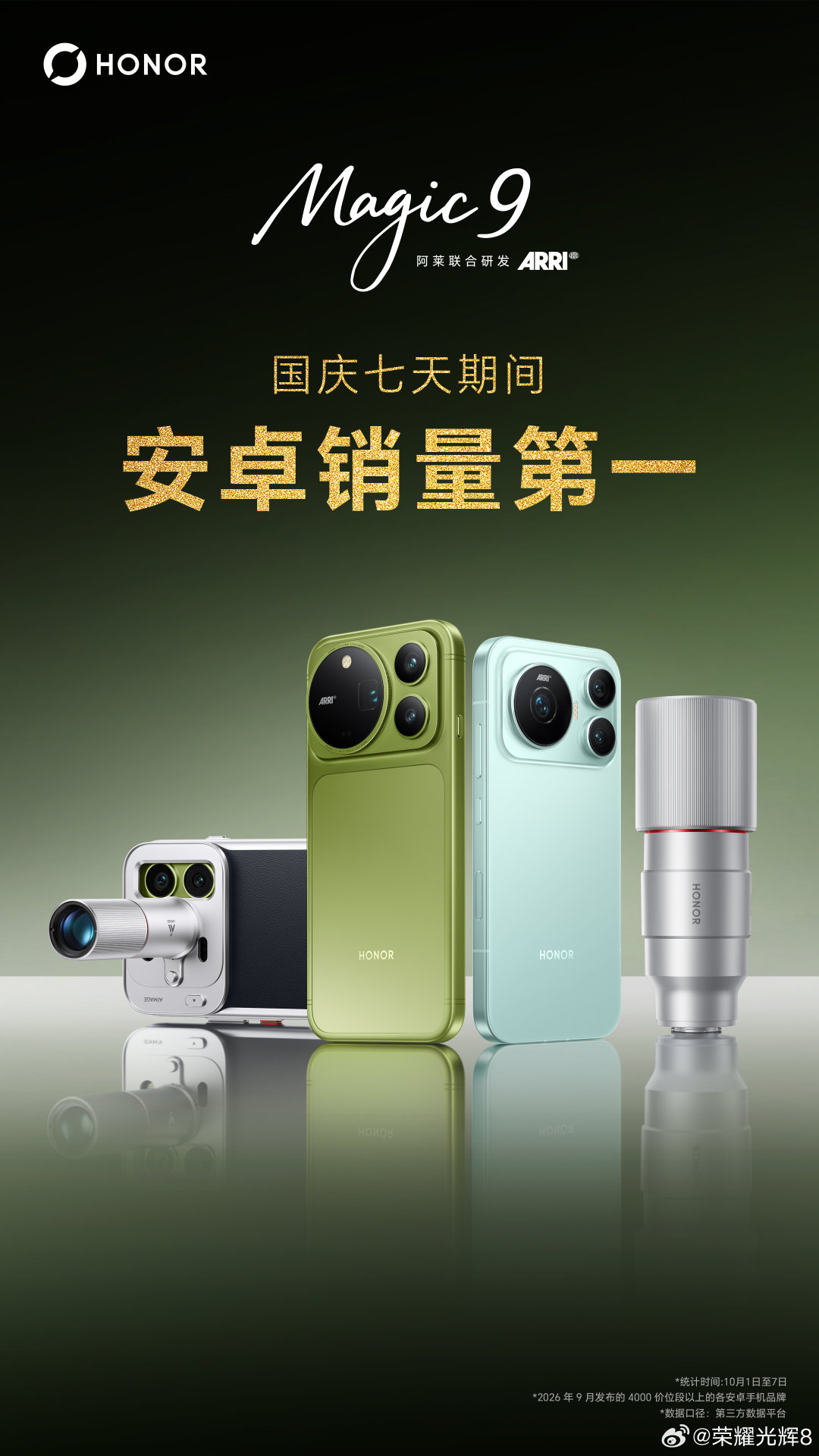 国庆七天，实力答卷！

#荣耀Magic9 系列斩获国庆七天安卓销量第一。
每一份销量背后，是大家对荣耀品牌和产品的肯定。感恩信赖，我们将持续打磨旗舰体验，以更好的产品回应每一份期待。#荣耀magic9系列# ​