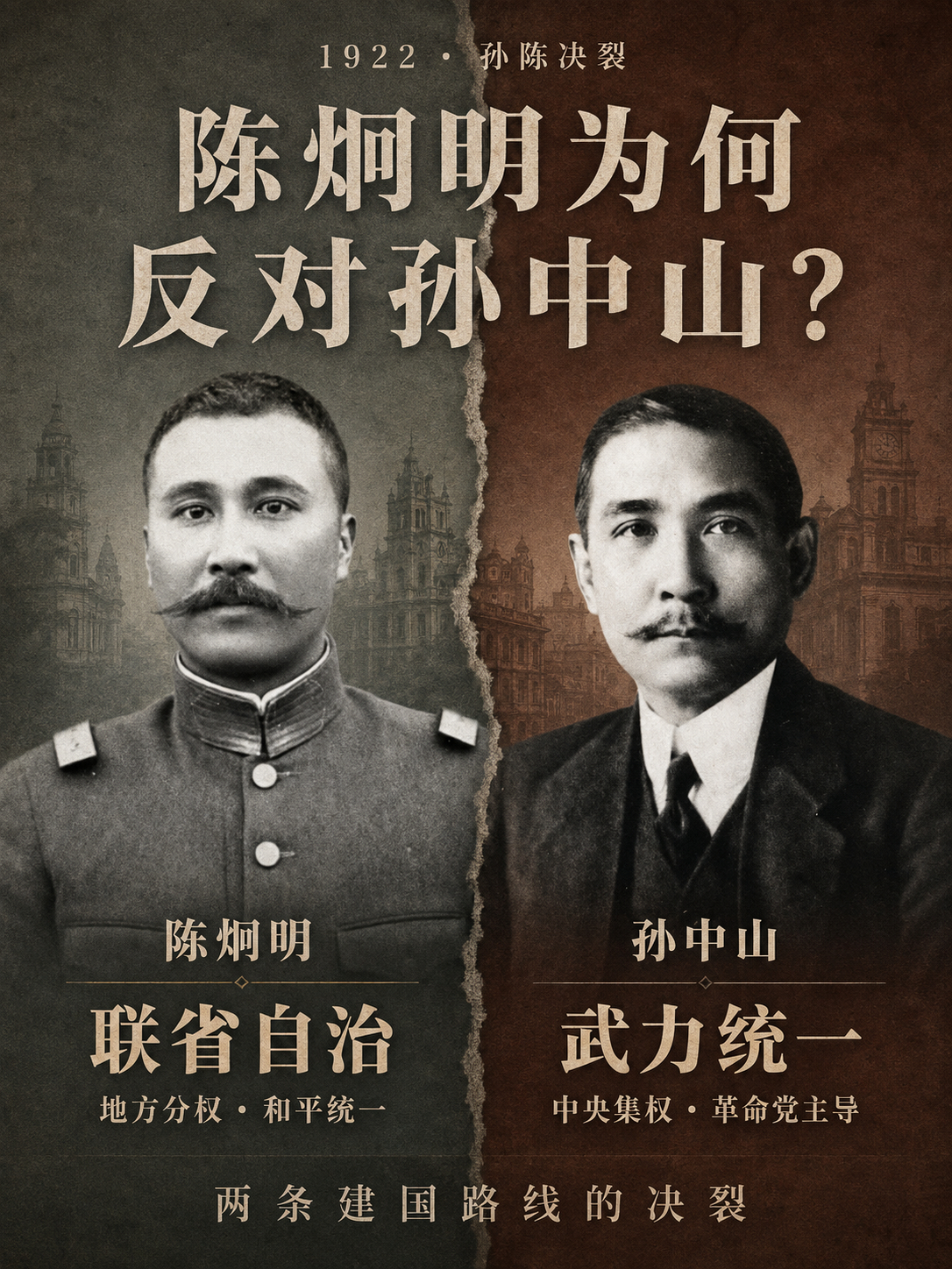 陈炯明为何反对孙中山？他们的政见有何根本不同？Claude对此解答：

陈炯明与孙中山的决裂，虽然长期在国民党正统叙事中被简化为"部将背叛领袖"的道德故事，但当代史学界（叶曙明、段云章等学者的研究）普遍认为，这场冲突背后其实是两条完全不同的建国路线之争，有相当扎实的政见分歧作为根基，不能单 ​