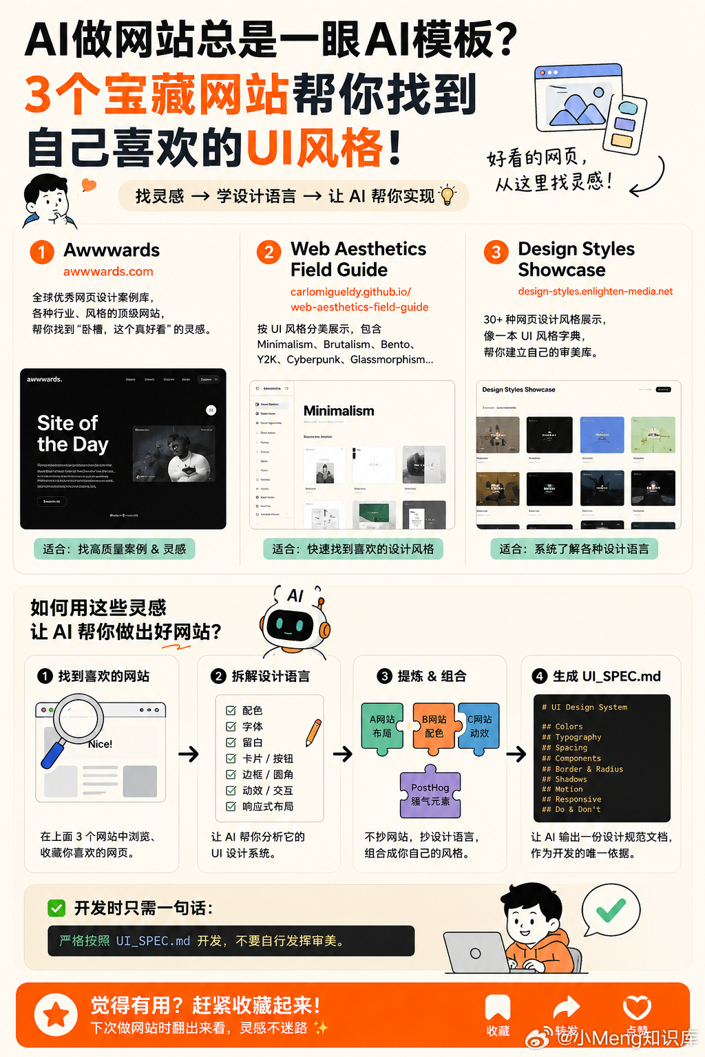 我去，终于找到解决 AI 做网站一股“AI 味” 的办法了 😂

以前我让 AI 做网站：

“高级一点、科技一点、简洁一点。”

结果做出来永远是：

紫色渐变 + 玻璃拟态 + 巨大圆角……

看着没毛病，但就是一眼 AI。

后来发现，最简单的办法根本不是教 AI 审美。

而是先找到你喜欢的网站，再让 AI 学它 ​