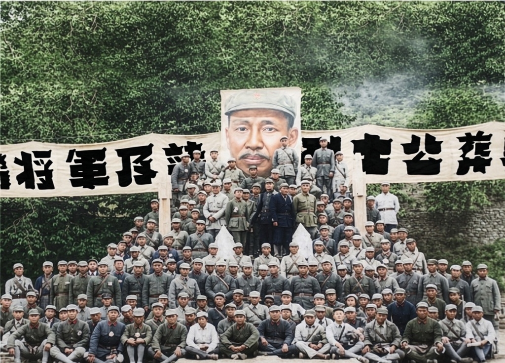 1942年10月10日，刘伯承（高台上站立者前排左一）与八路军总部人员在左权将军