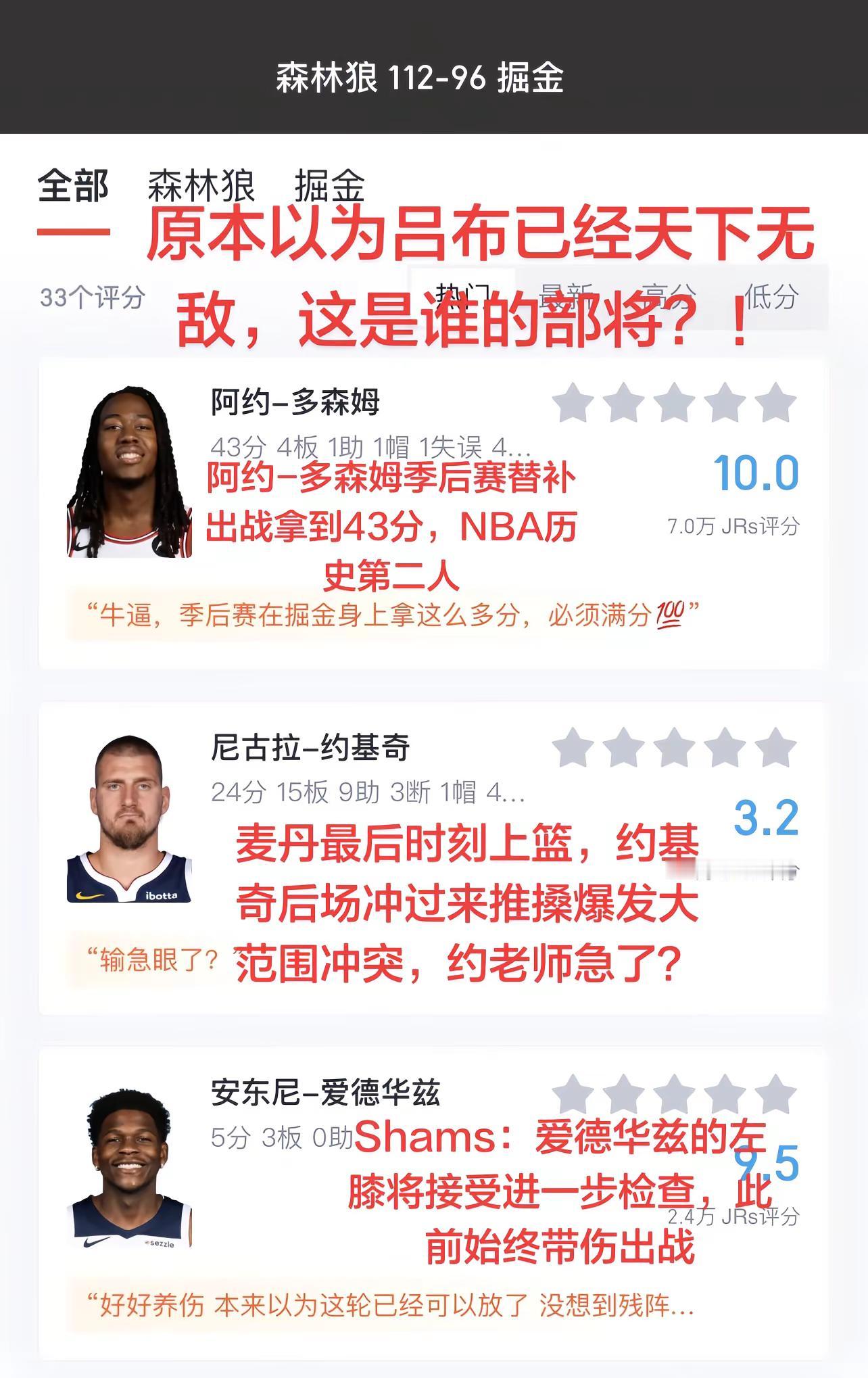 掘金不敌森林狼，大比分1-3落后！掘金96-112森林狼，约基奇24分...