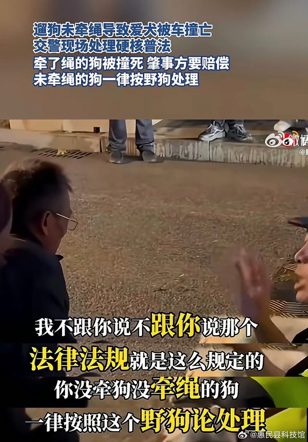 #交警称不拴绳狗被撞死按野狗处理#撞死未牵绳的狗，交警这个回答太清醒了！
 
近日，一段“司机撞死未牵绳的小狗，交警现场普法”的视频引发热议。面对狗主人的索赔，交警的解释一针见血：未牵绳的狗，一律按野狗处理；如果狗主人主张所有权，反而要赔偿车辆损失。
 
很多人觉得“狗是生命，司机该赔钱 ​