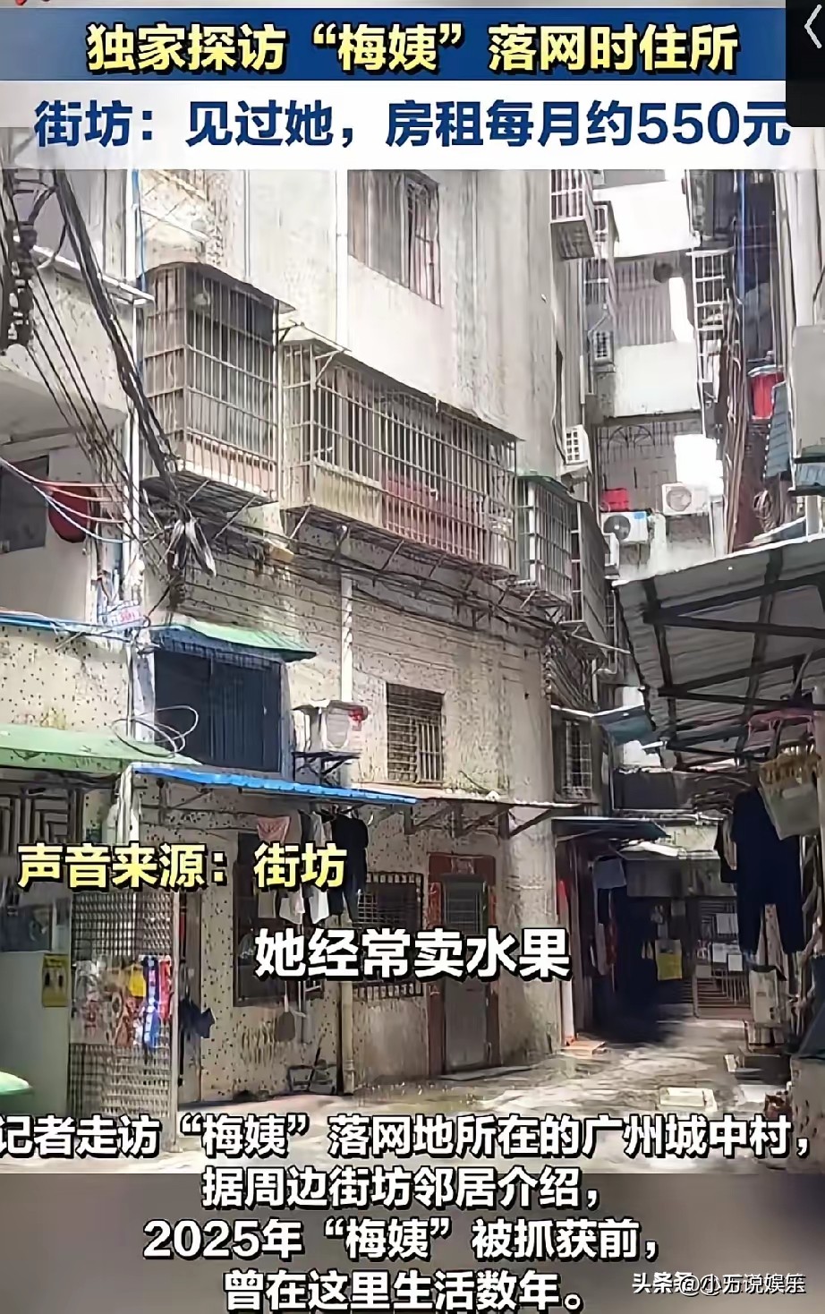 原来梅姨就住在广州梅花园附近，她带着一个智力有问题的小男孩一起摆摊卖水果。

网友买过她家芒果，结果被梅姨以次充好，江山易改本性难移，这个人坏到骨子里了。

很多买过梅姨水果的街坊邻居都后悔，没有认出这个人就是臭名远扬的梅姨。

梅姨为什么要带智力低下的小男孩呢？一是有人陪伴二是起到掩人耳目的作用。