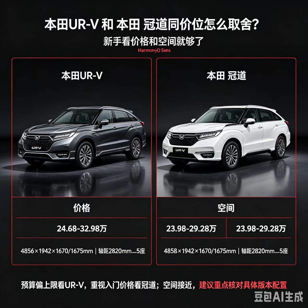 本田UR-V与冠道两款车型空间表现相近，均为大五座中型SUV。二者核心底子一致，外观细节与版本配置存在区别。选车时，可结合自身偏好来取舍，重点核对意向版本的配置差异，有条件可以到店亲身试驾感受驾乘质感。【来自懂车帝车友圈】