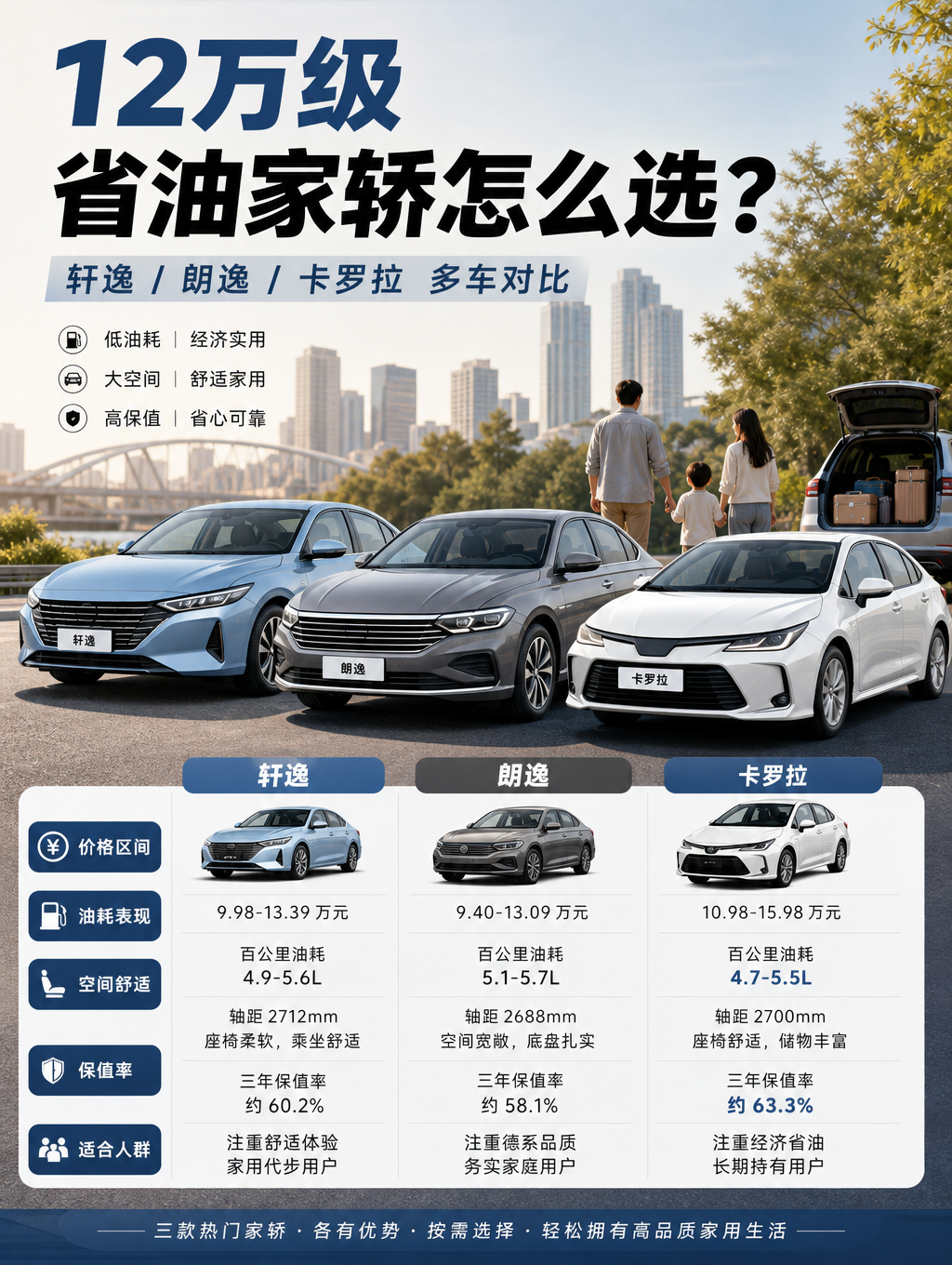12万级省油家轿怎么选？轩逸、朗逸、卡罗拉谁更适合家用？
如果预算在12万元左右，想买一台省心、省油、后期用车成本低的家用轿车，日产轩逸、大众朗逸、丰田卡罗拉基本是绕不开的三台车。它们都不是特别有个性的车型，也谈不上多么激情，但对于大多数普通家庭来说，买车最重要的往往不是“开起来多刺激”，而是每天用