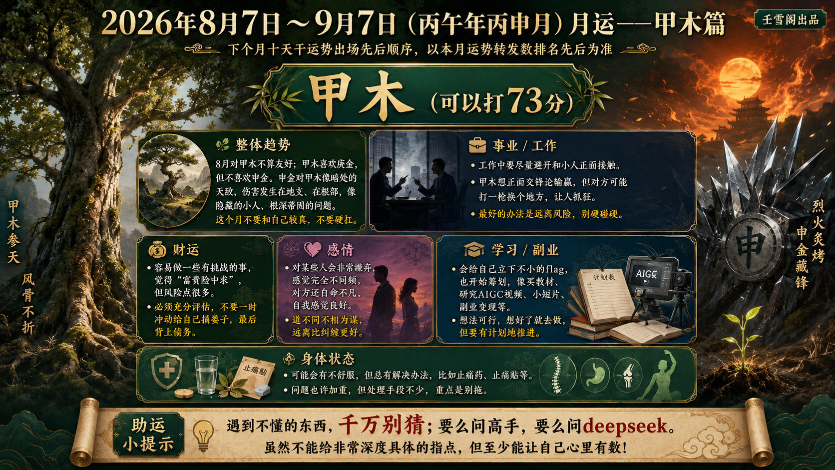 学八字命运 2026年8月7日～9月7日（丙午年丙申月）月运——甲乙木...