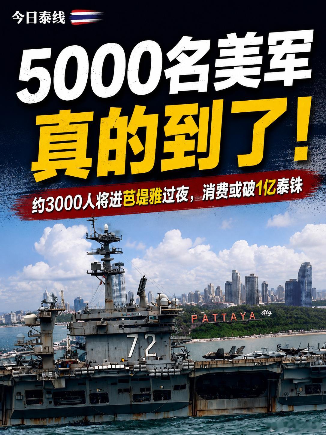这回不是“要来了”，而是真的到了。

9月2日上午9点左右，美国海军“亚伯拉罕·林肯”号核动力航母驶入春武里府林查班水域，并靠泊C0码头。随舰抵达的美国海军官兵大约5000人，接下来会分批上岸，其中预计约3000人会进入芭堤雅，并在当地过夜。

对芭堤雅来说，这几天最明显的变化可能就两个字：人多。 ​