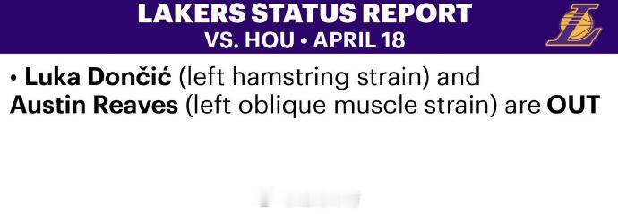 根据最新的伤病报告及雷迪克采访透露：“东契奇、里夫斯确定缺席湖人火箭G...