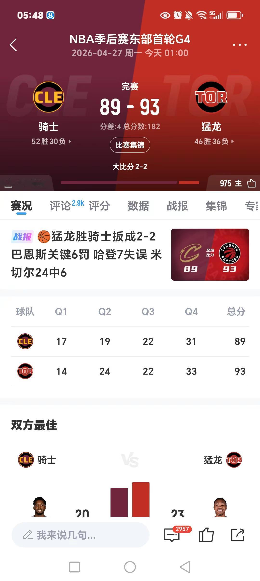 猛龙再胜骑士大比分2：2