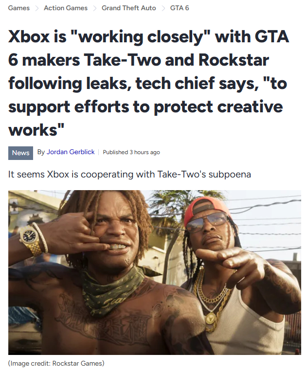 微软Xbox称“正在就《GTA6》泄露事件与R星密切合作，保护其知识产权”[哆啦A梦吃惊]

据外媒报道，在本周有多段《#GTA6#》实机游玩视频遭到黑客泄露，彭博社记者Jason Schreier表示，一些Rockstar员工已经因此感到愤怒、疲惫和沮丧。因为在2022年泄露过一次之后，公司已经采取了严格的安全措施，但泄露 ​