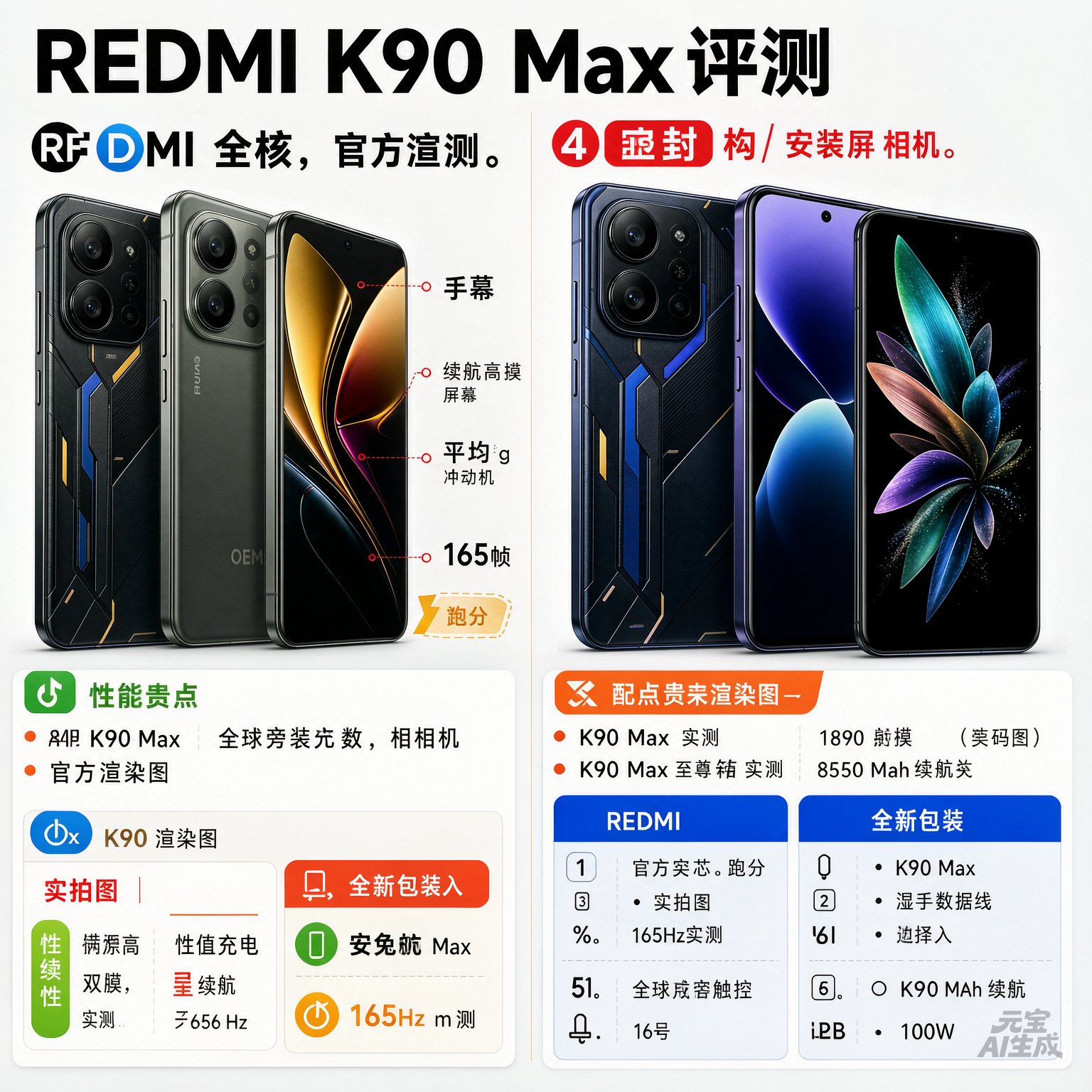 K90 Max评测 
值得入手，但只限重度手游党和续航焦虑人群。 这台机把性能和续航堆到同价位顶端，代价是227g厚重机身和扫码级影像。

性能：风冷双芯，长时间高帧不降频

- 天玑9500全大核加AI独显D2，安兔兔V11约416万分
- 18.1mm内置风扇配6000mm²冷泵
