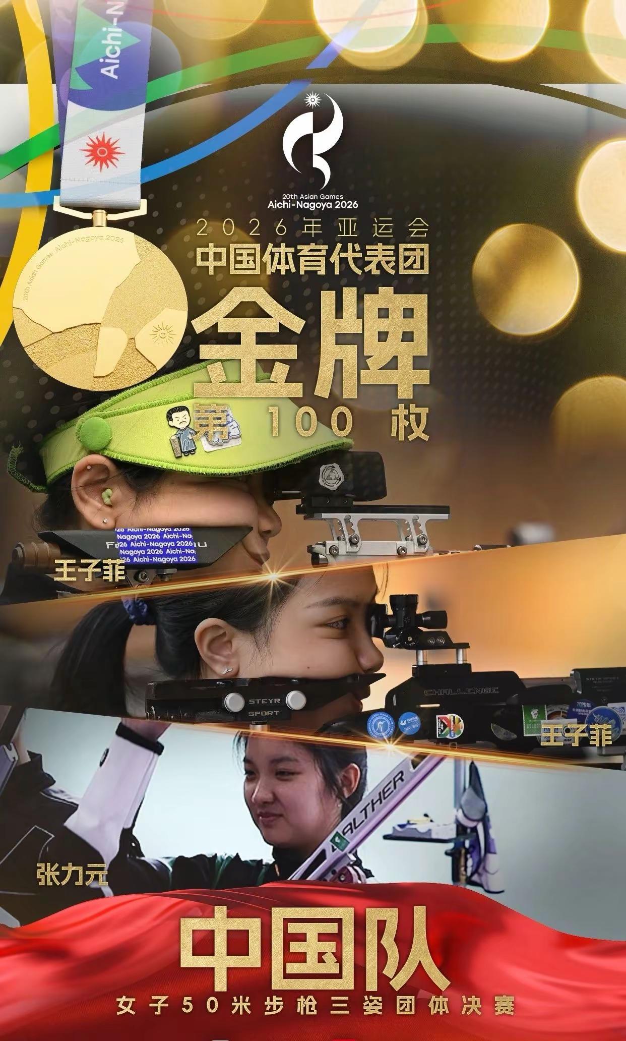中国队拿下亚运会第100金🎉。9月26日名古屋亚运会女子50米步枪三姿团体决赛，由王子菲、韩佳予、张力元组成的中国队，成功夺得金牌✨。这是本届亚运会中国代表团斩获的第100枚金牌，标志着中国代表团在本届亚运会金牌总数达到三位数。更值得一提的是，这也是中国代表团连续第十届亚运会金牌总数突破100枚，创