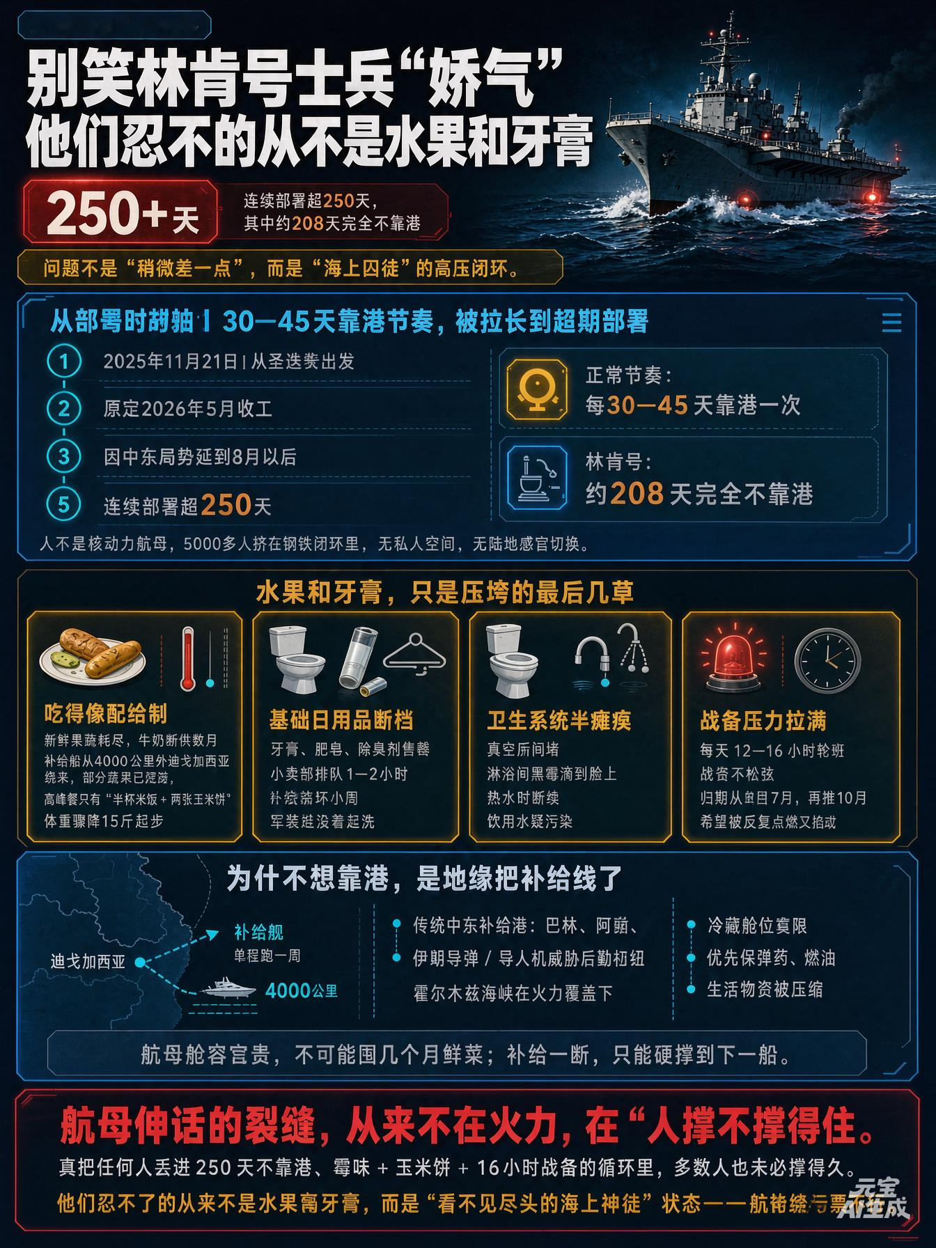 别笑林肯号士兵“娇气”：不是缺水果受不了，是250天不靠港把人熬成了“海上囚徒”

“不就是没水果吃、没新牙膏用吗？当兵的连这点苦都吃不了？”——最近不少网友看“林肯”号航母后勤翻车的新闻，第一反应都是这句。但真把美军航母舰员的生活摊开看，你会发现：他们不是被“缺水果”击垮的，是被“250多天不靠港