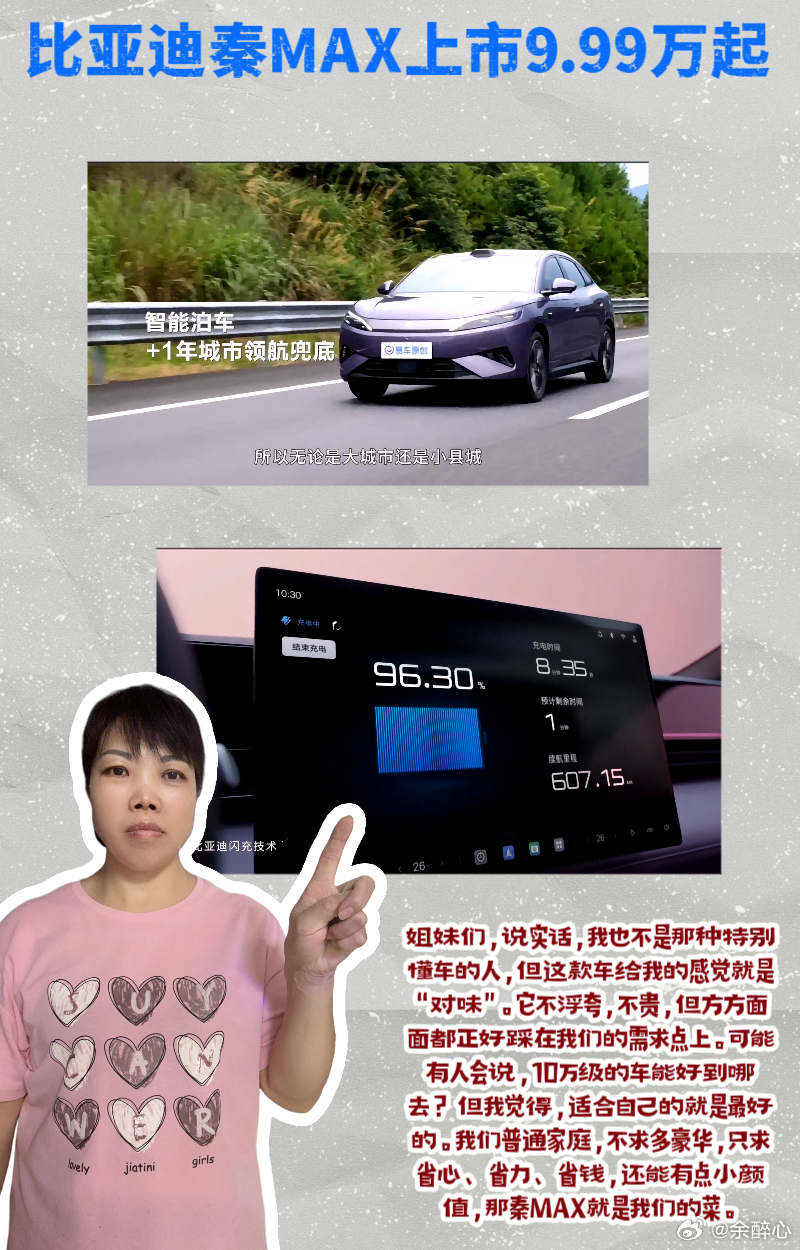 #比亚迪秦MAX上市9.99万起# 

💖姐妹们，我和我老公结婚8年了，这8年里我们换了3辆车，从最开始的小两厢到后来的SUV，再到现在的二手小轿车，每辆车都见证了我们的成长。但说实话，每次换车都有点小遗憾，不是空间不够用，就是油耗太高，要么就是外形老气横秋。最近听说比亚迪秦MAX要出了，还是个中 ​