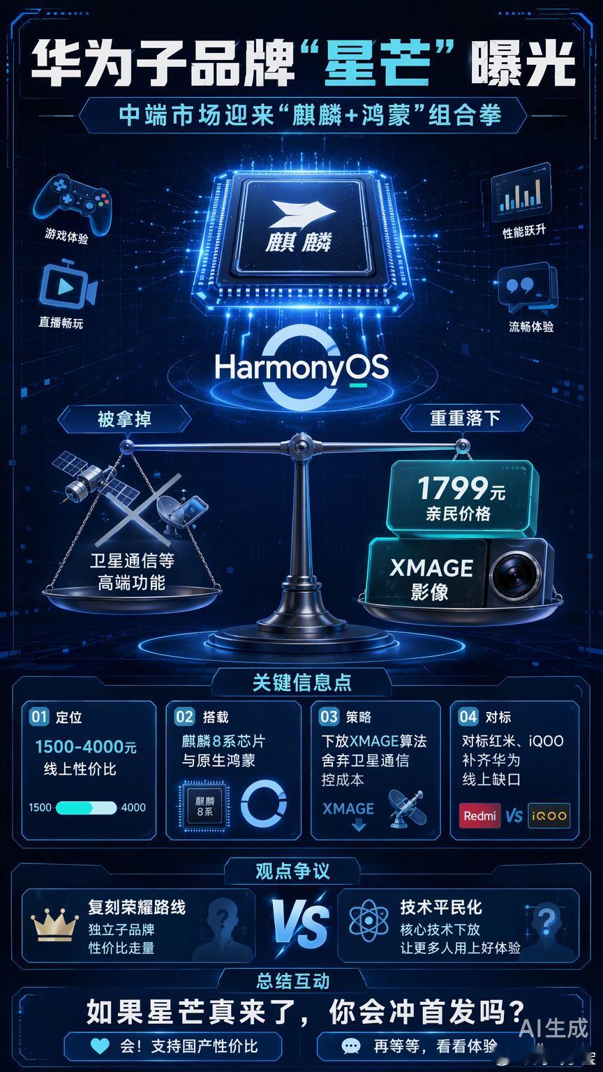 华为要是真搞个“星芒”子品牌，最该关心的不是名字，而是能不能把麒麟芯片和鸿蒙系统真正下放到1500到4000这个价位段。

对于想尝试使用华为品牌手机天天打手游、看直播的玩家来说，旗舰机的性能固然爽，但中端机才是大多数人的主力装备。如果星芒能像当年荣耀那样，用自研芯片保证游戏帧率稳定，再用 ​