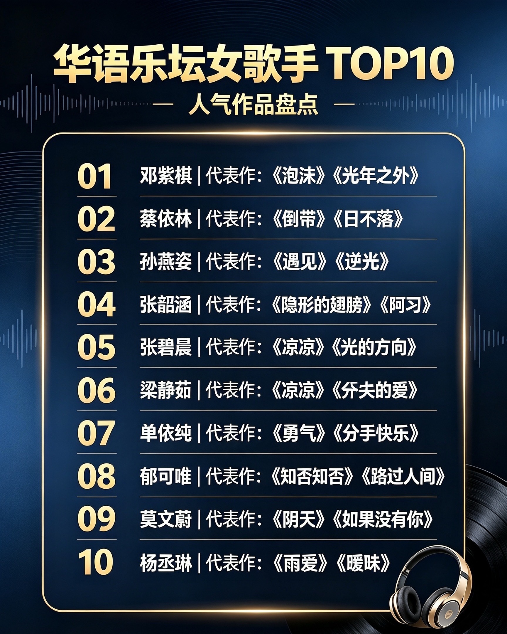 🎤华语乐坛女歌手TOP10🔥

1. 邓紫棋｜代表作：《泡沫》《光年之外》

2. 蔡依林｜代表作：《倒带》《日不落》

3. 孙燕姿｜代表作：《遇见》《逆光》

4. 张韶涵｜代表作：《隐形的翅膀》《阿刁》

5. 张碧晨｜代表作：《凉凉》《光的方向》

6. 梁静茹｜代表作：《勇气》《分手快乐》

7. 单依纯 ​