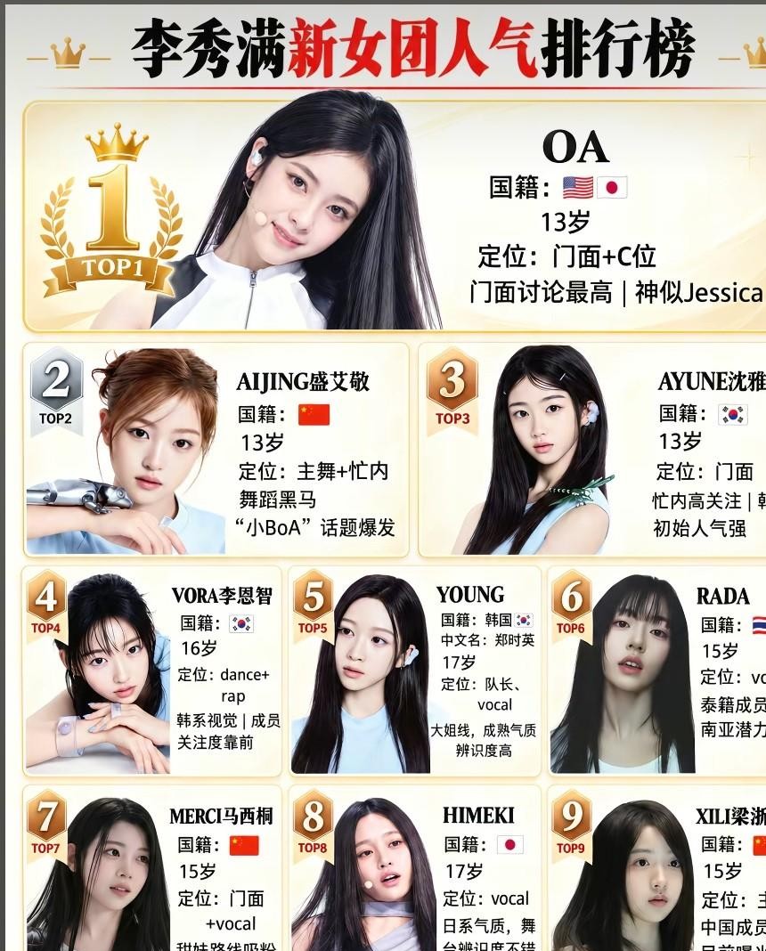 刚上初一的年纪就出来闯荡演艺圈，李秀满这次新弄出来的九人女团，直接把偶像年龄卷到了新低。
人气榜单刚一出来，排在前三名的小姑娘居然全员只有13岁，放普通人家里，也就是个刚上初中的小孩。
排在榜首的是美日双国籍的OA，占着C位又是门面，不少人说从她眉眼间看到了当年郑秀妍的影子。
真正让人眼前一亮