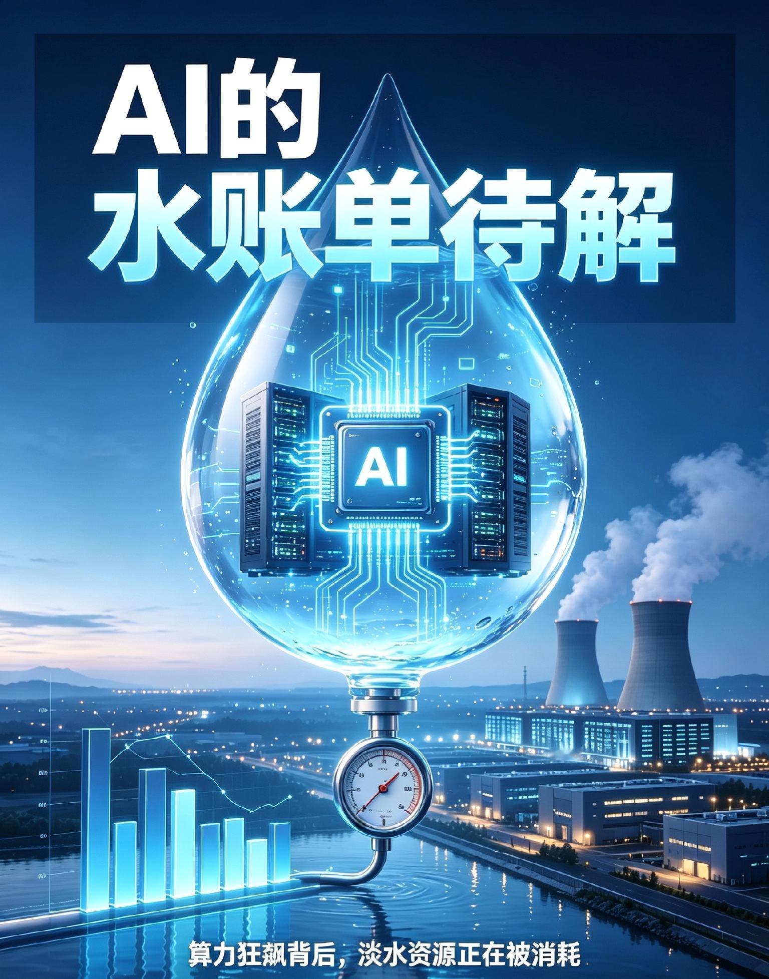 AI的“水账单”待解：算力狂飙背后，正在隐藏一笔天价消耗⚠️
 
AI革命越热闹，有一笔账单却越容易被忽略：水账单。
 
我们习惯讨论AI算力、电费、芯片、模型能力，却很少认真问一句：
那些24小时运转的数据中心、服务器集群、大模型训练机房，到底在悄悄消耗多少水资源？
 
这个问题，可能比我们想象的