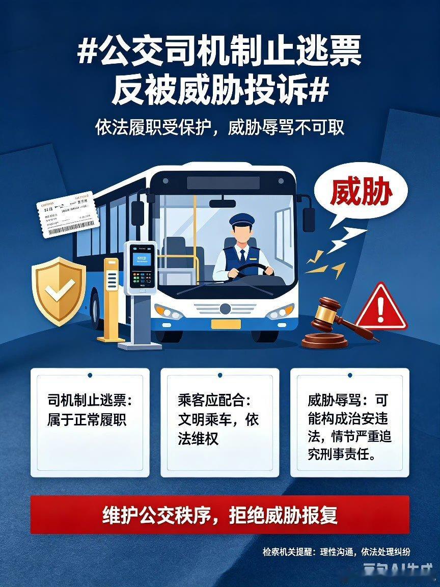 #公交司机制止逃票 反被威胁投诉#
【结合热搜普法｜依法履职受保护，威胁辱骂不可取】
公交司机依规制止乘客逃票，是维护运营秩序的正常履职行为。面对司机正常管理，乘客应当配合，而不是以威胁、投诉等方式进行滋扰。
根据相关法律规定，公然侮辱、恐吓、威胁他人人身安全，或扰乱公共 ​