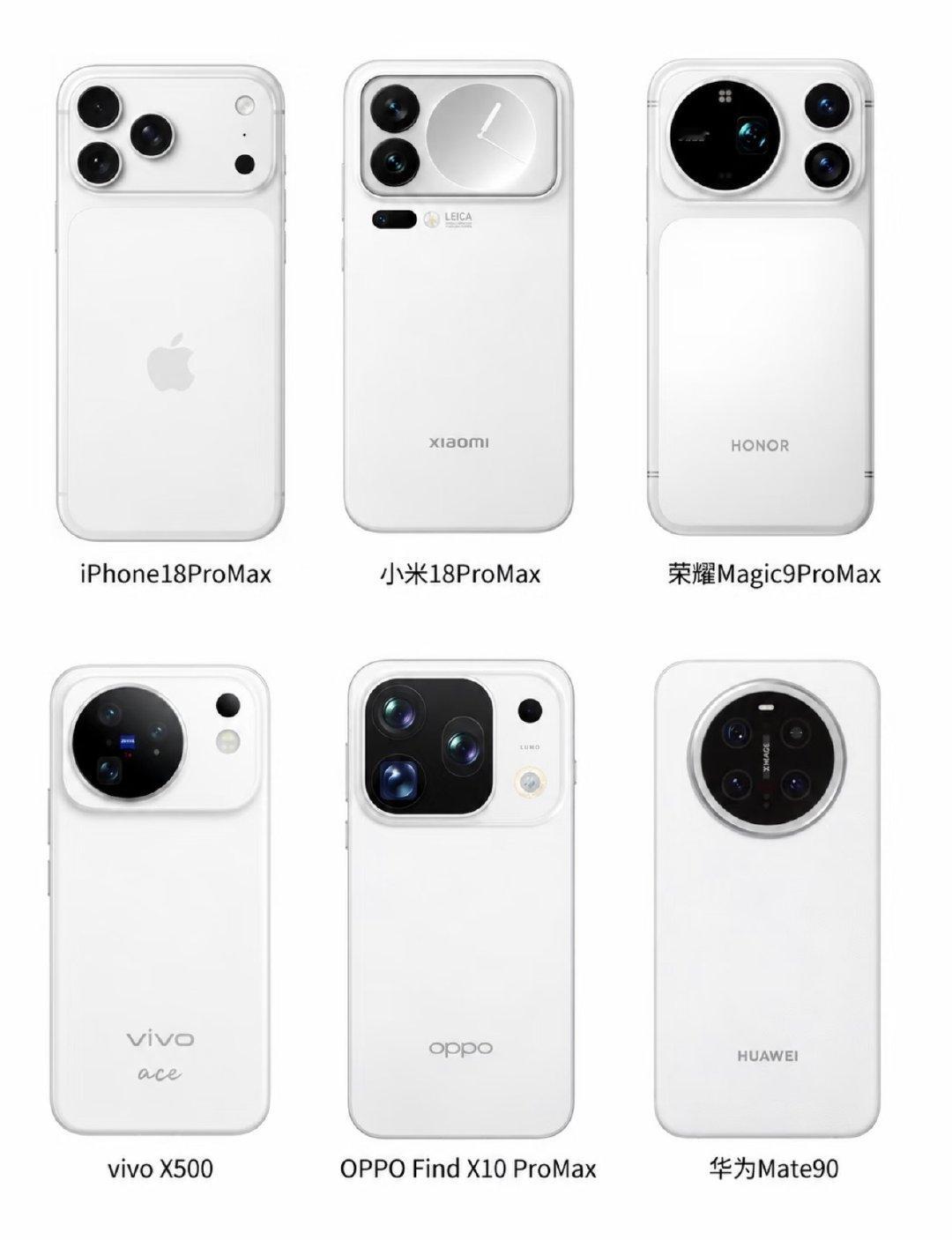 如果这些未发布新机都出白色版本，你觉得哪款颜值最高？

iPhone18Pro白色口碑一直很出彩，小米18Pro背屏值得期待，vivo与荣耀设计风格相近。

华为Mate90延续大圆镜头，OPPO Find X10 ProMax辨识度拉满，搭载三颗2亿镜头影像实力亮眼。

以上均为爆料，外观以真机为准，你更偏爱哪一台？ ​