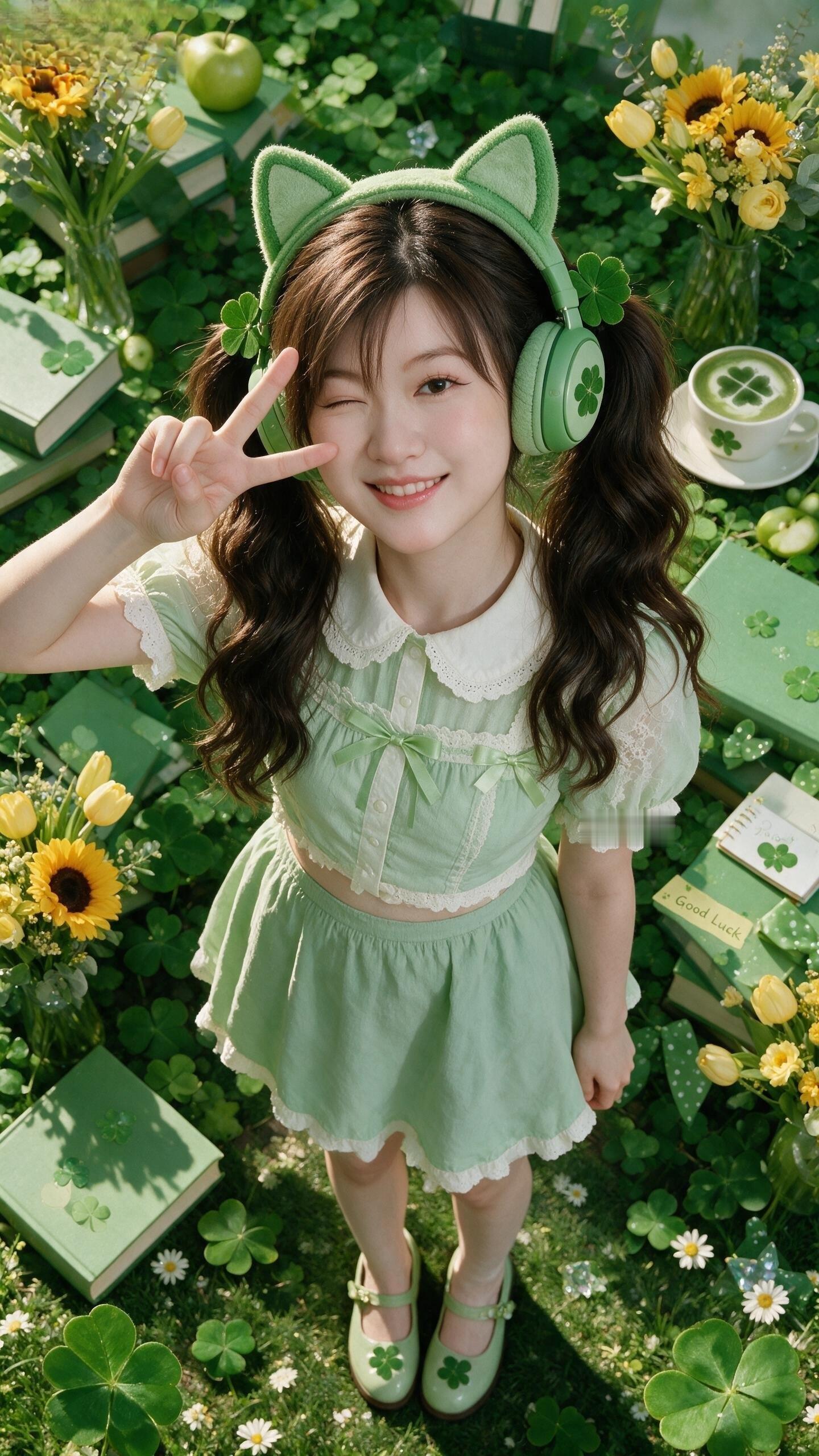 幸运Lucky四叶草清新少女可爱风格❤AI写真
双格拼贴照片，可爱甜妹，棕色蓬松双马尾卷发，四叶草发饰，wink眨眼笑，比耶手势，浅薄荷绿短款套装，娃娃领蕾丝花边，绿色蝴蝶结，清新韩系写真，白色干净背景，四周环绕大量可爱贴纸元素，四叶草、绿色波点蝴蝶结、青苹果、杨桃、星星、爱心、抹茶咖啡杯、 ​