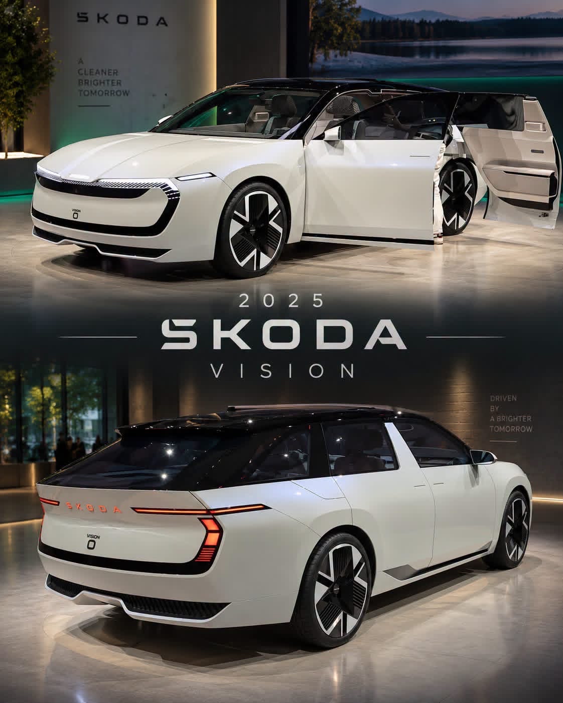 SKODA VISION 2025 — 一款面向未来的电动概念车，探索斯柯达务实的造车理念如何演进为一款线条流畅、以科技为核心的家用车型，它采用了别具一格的车门结构，同时拥有格外宽敞的座舱空间。
这一数字化演绎的设计灵感源自斯柯达的Modern Solid设计语言，该语言以利落的车身曲面、辨识度极高