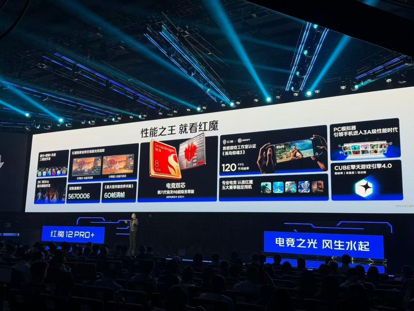 红魔12 Pro+，国补后6499起。
第六代骁龙8超级至尊版+红芯R5自研游戏芯片，行业首款RGB水冷手机，安兔兔跑分超567万。
手机PC模拟器可以玩黑神话悟空。
8400毫安时电池，120W，80W。
6.85英寸1.5K 185Hz，京东方X11发光材料，0.96mm边框，超高刷显示芯片G1，新思触控芯片，3D超声波指纹。
前置屏下1600 ​