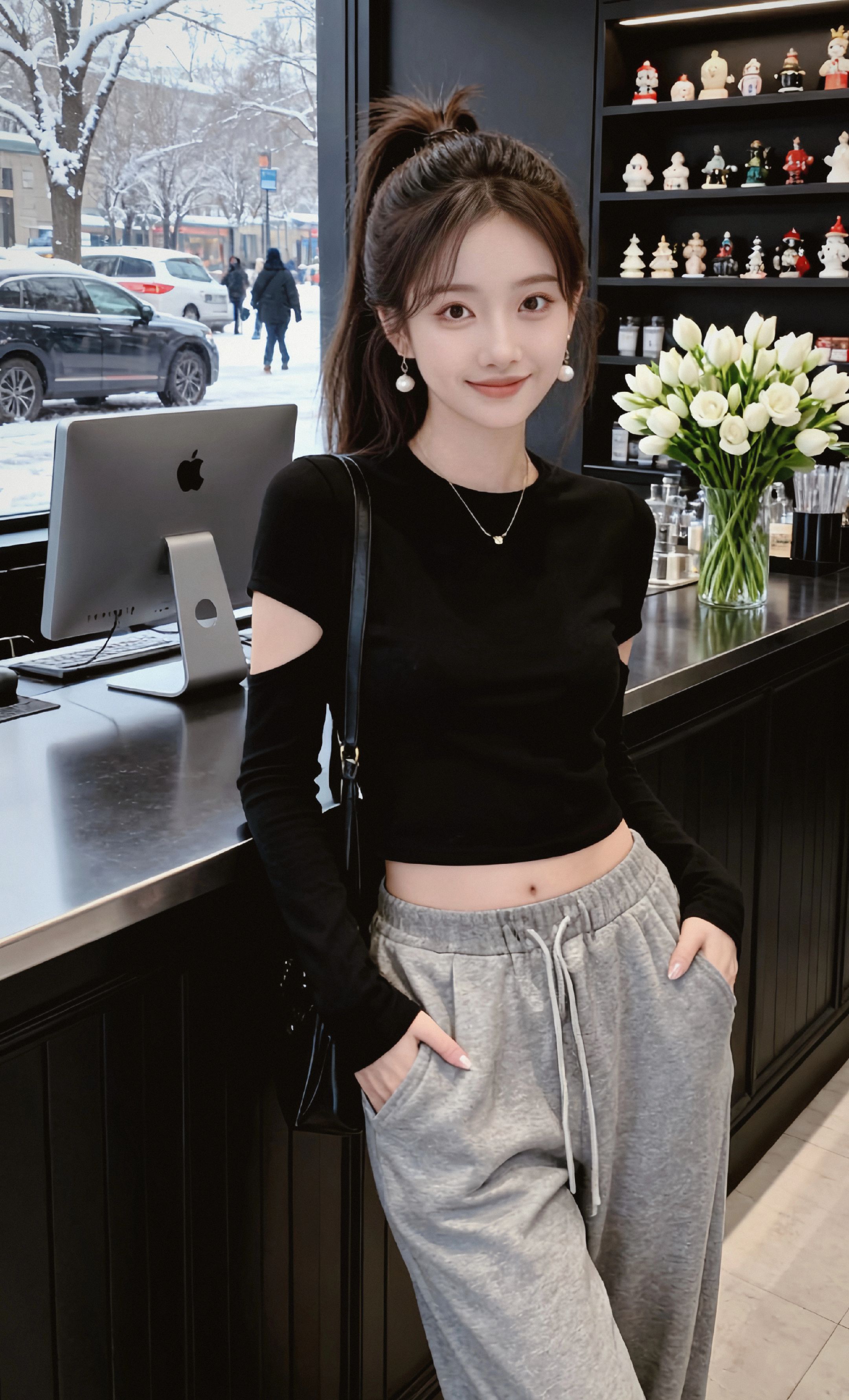 🌟慵懒风与辣妹风的完美结合！这件黑色镂空打底衫，露腰设计超显身材，搭...