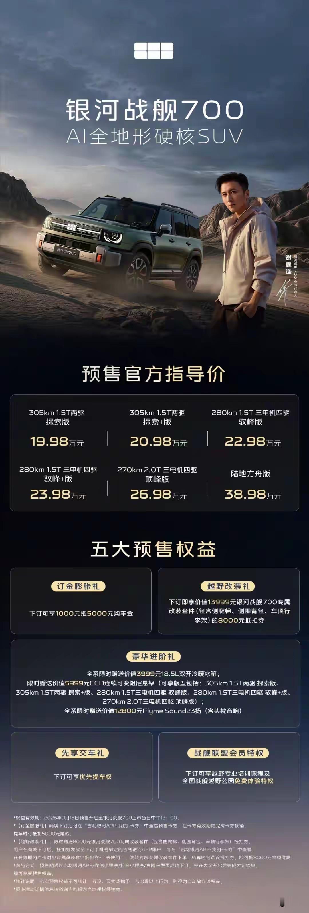 吉利银河战舰700上市，售价二三十万，从银河TT亮相开始，吉利就在开始紧随友商的步伐，友商有的，咱也得有，
硬派越野车，有了
轿跑车型，有了
奢款车型，也有了
下一步，就是百万级豪车了，估计已经在产品规划里了。