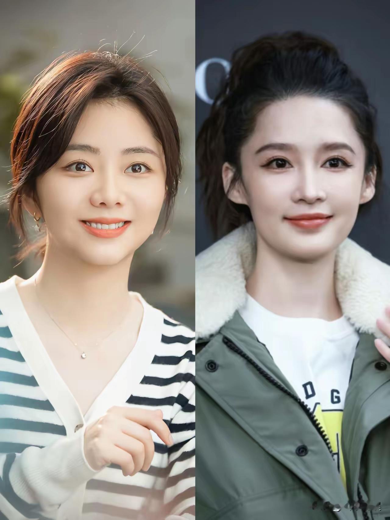 跟你们爷们儿唠个实在的——左边谭松韵36，右边李沁35，非让你挑一个带回家当媳妇儿，你选谁？

先说左边这位，谭松韵，一米六二，北电科班出身。她爸是舞蹈老师，所以她跳舞唱歌都拿手，基因好没办法。最戳人的是那张脸，娃娃脸，笑起来跟二十出头的小姑娘似的，圆圆的、暖暖的，看着就像隔壁邻居家妹妹。生活里性格